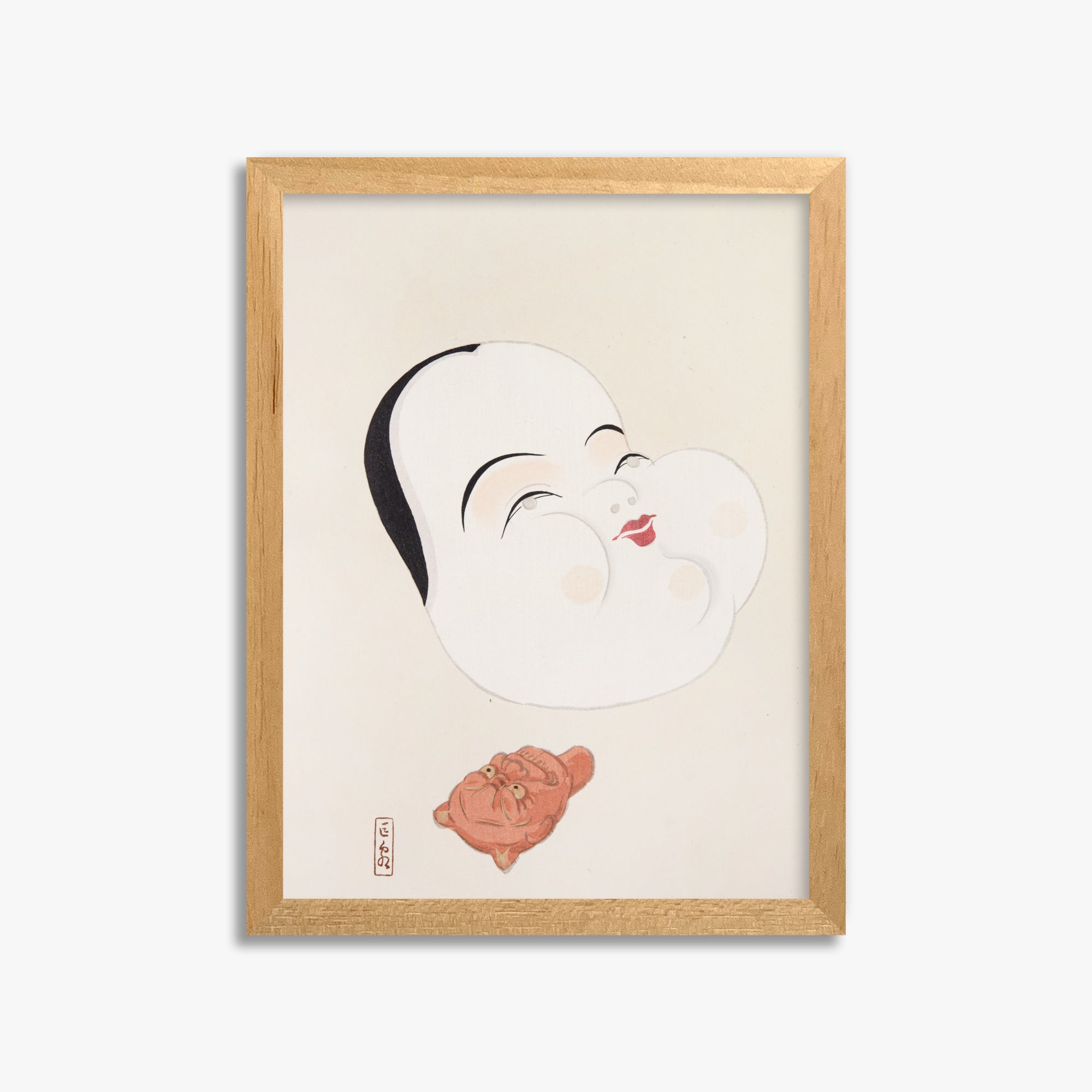 Kawasaki Kyosen: Kyosen’s Collected Illustrations of Japanese Toys Nr. 4 ("Joyful Spirit Mask"), 30x40cm Framed Art Reproduction With Oak Frame