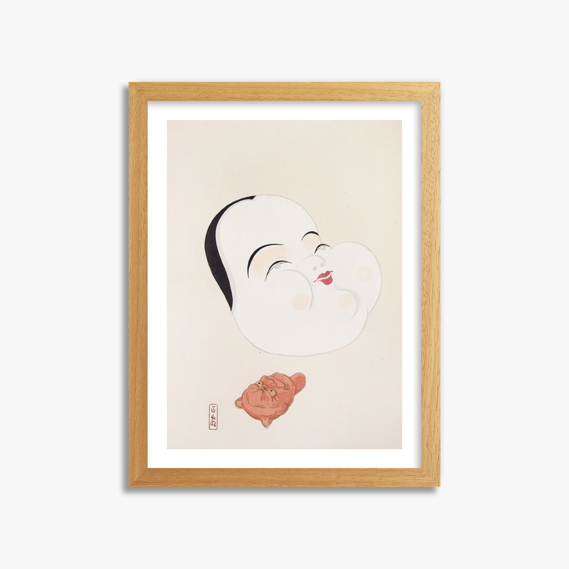 Kawasaki Kyosen: Kyosen’s Collected Illustrations of Japanese Toys Nr. 4 ("Joyful Spirit Mask"), 30x40cm Framed Art Reproduction With Oak Frame