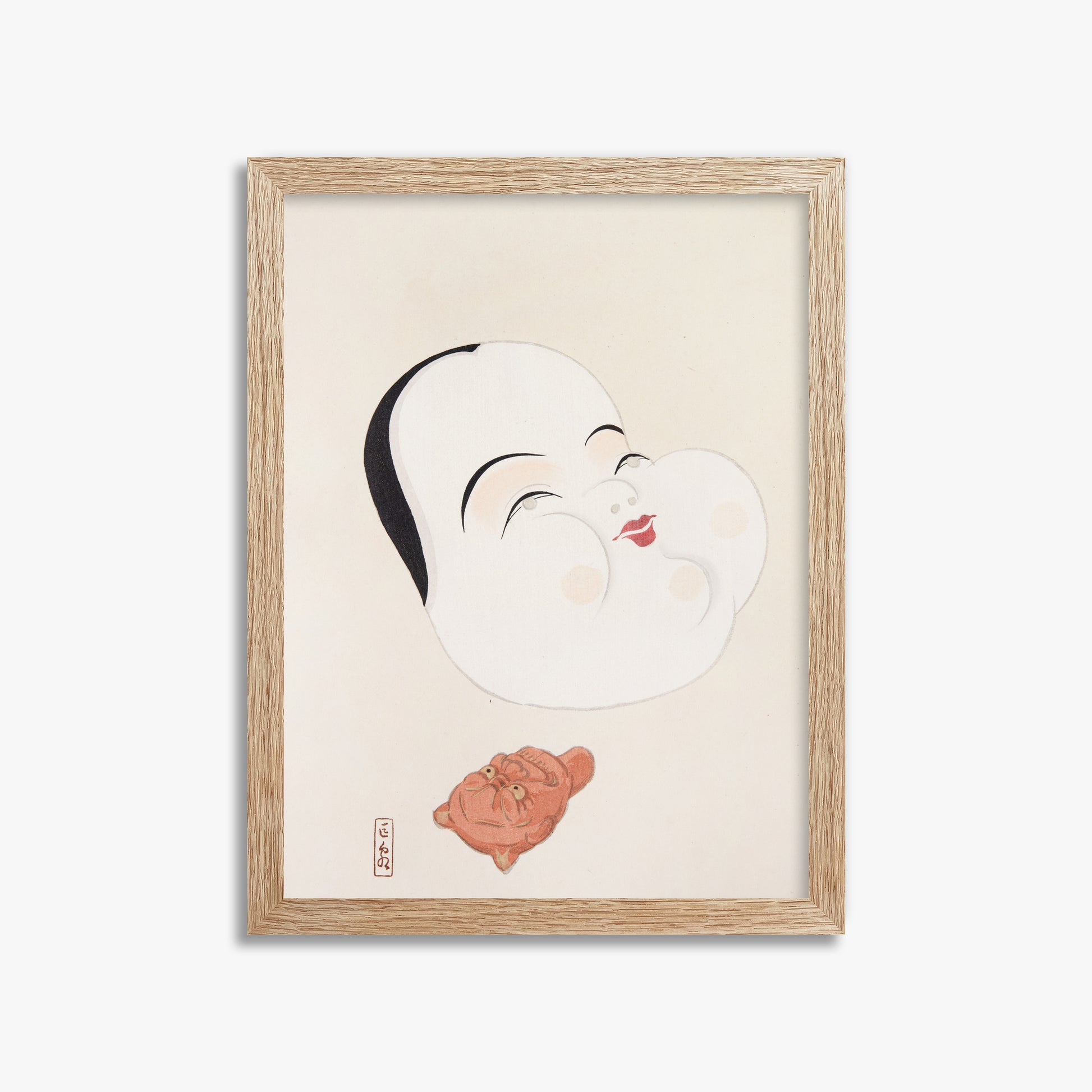 Kawasaki Kyosen: Kyosen’s Collected Illustrations of Japanese Toys Nr. 4 ("Joyful Spirit Mask"), 30x40cm Framed Art Reproduction With Raw Oak Frame
