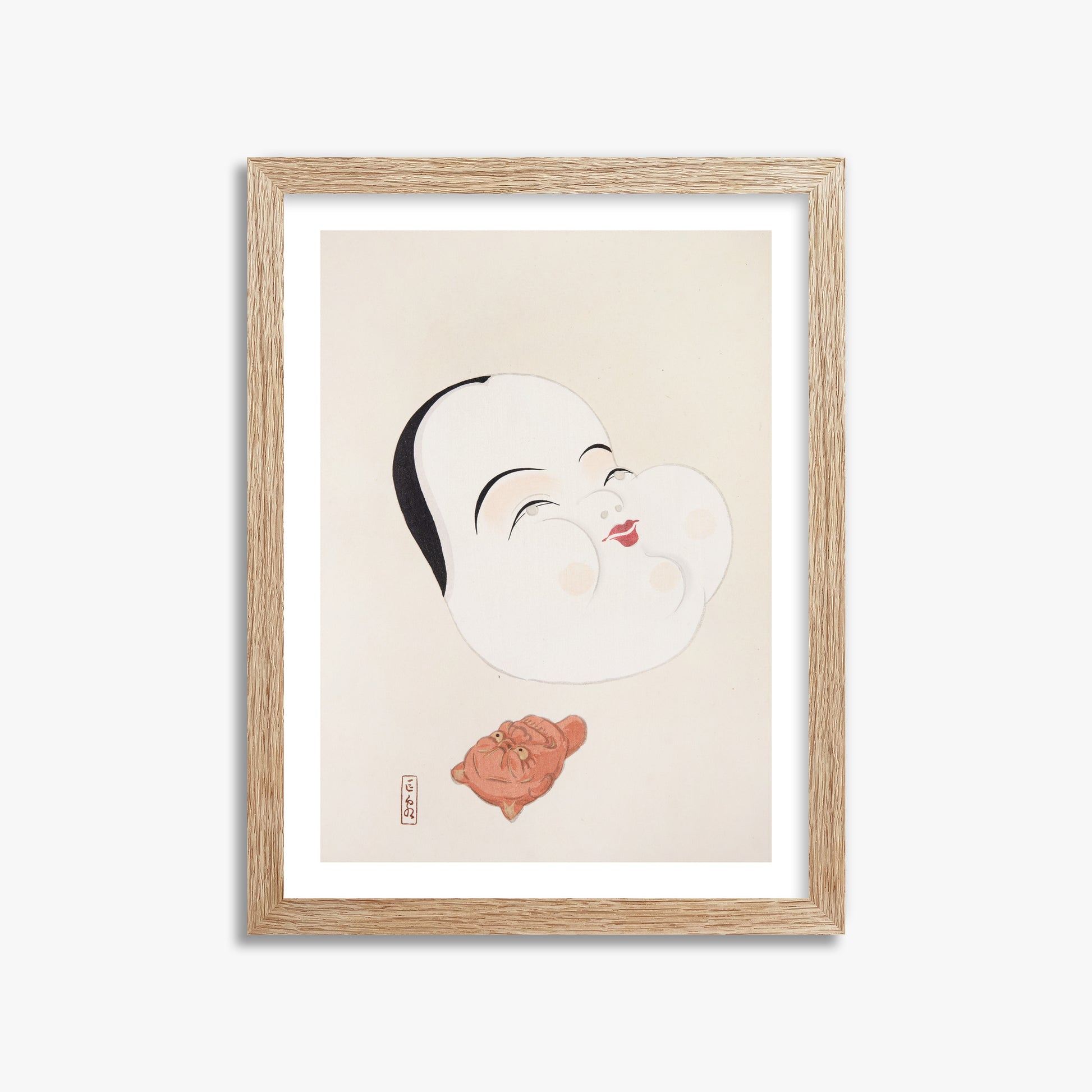 Kawasaki Kyosen: Kyosen’s Collected Illustrations of Japanese Toys Nr. 4 ("Joyful Spirit Mask"), 30x40cm Framed Art Reproduction With Raw Oak Frame