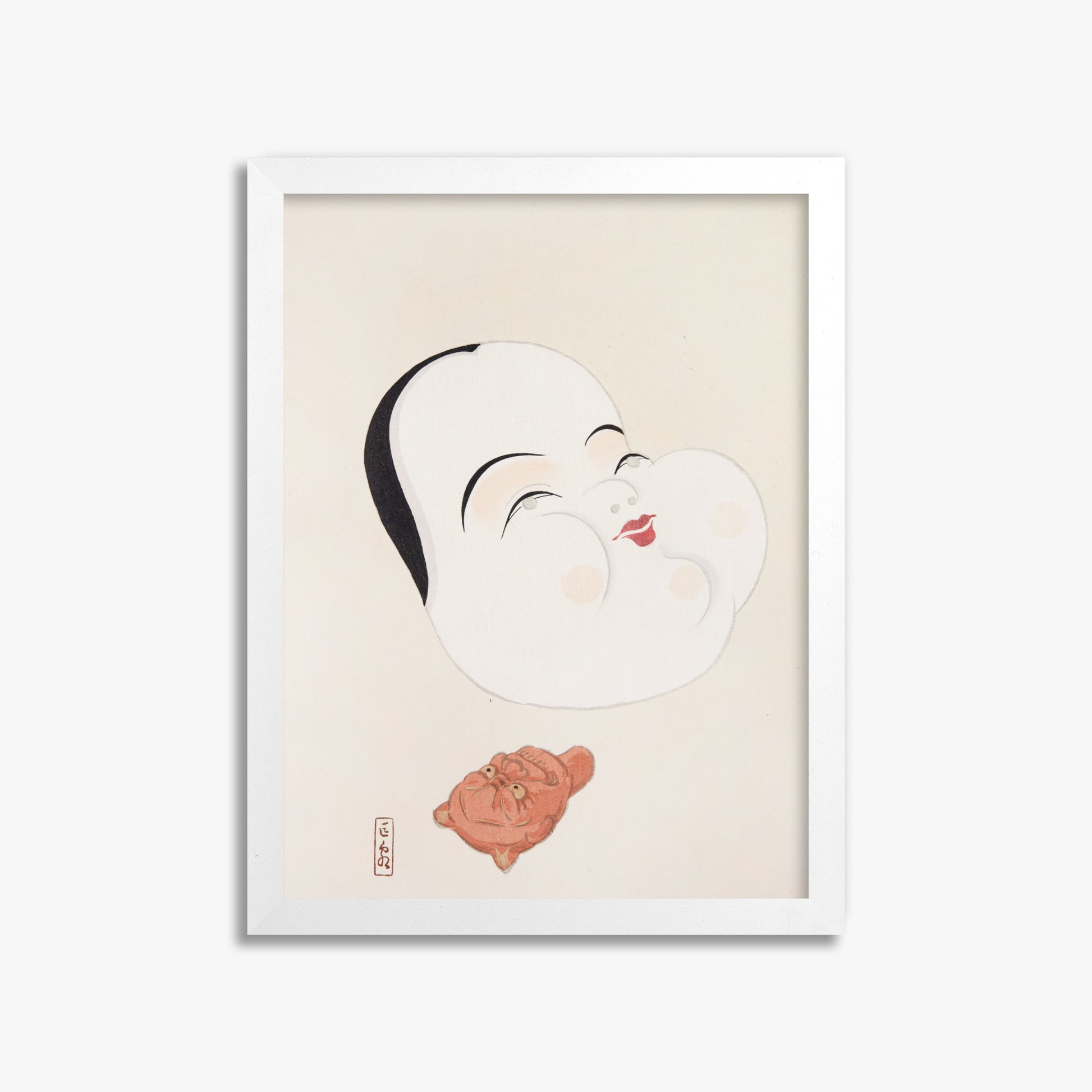 Kawasaki Kyosen: Kyosen’s Collected Illustrations of Japanese Toys Nr. 4 ("Joyful Spirit Mask"), 30x40cm Framed Art Reproduction With White Frame