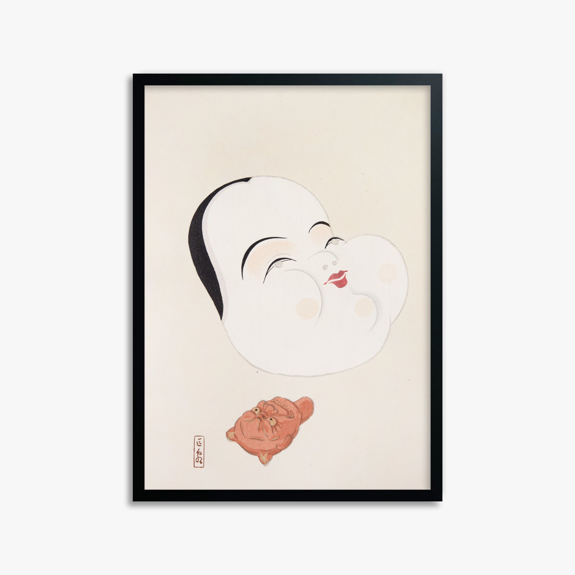 Kawasaki Kyosen: Kyosen’s Collected Illustrations of Japanese Toys Nr. 4 ("Joyful Spirit Mask"), 50x70cm Framed Art Reproduction With Black Frame