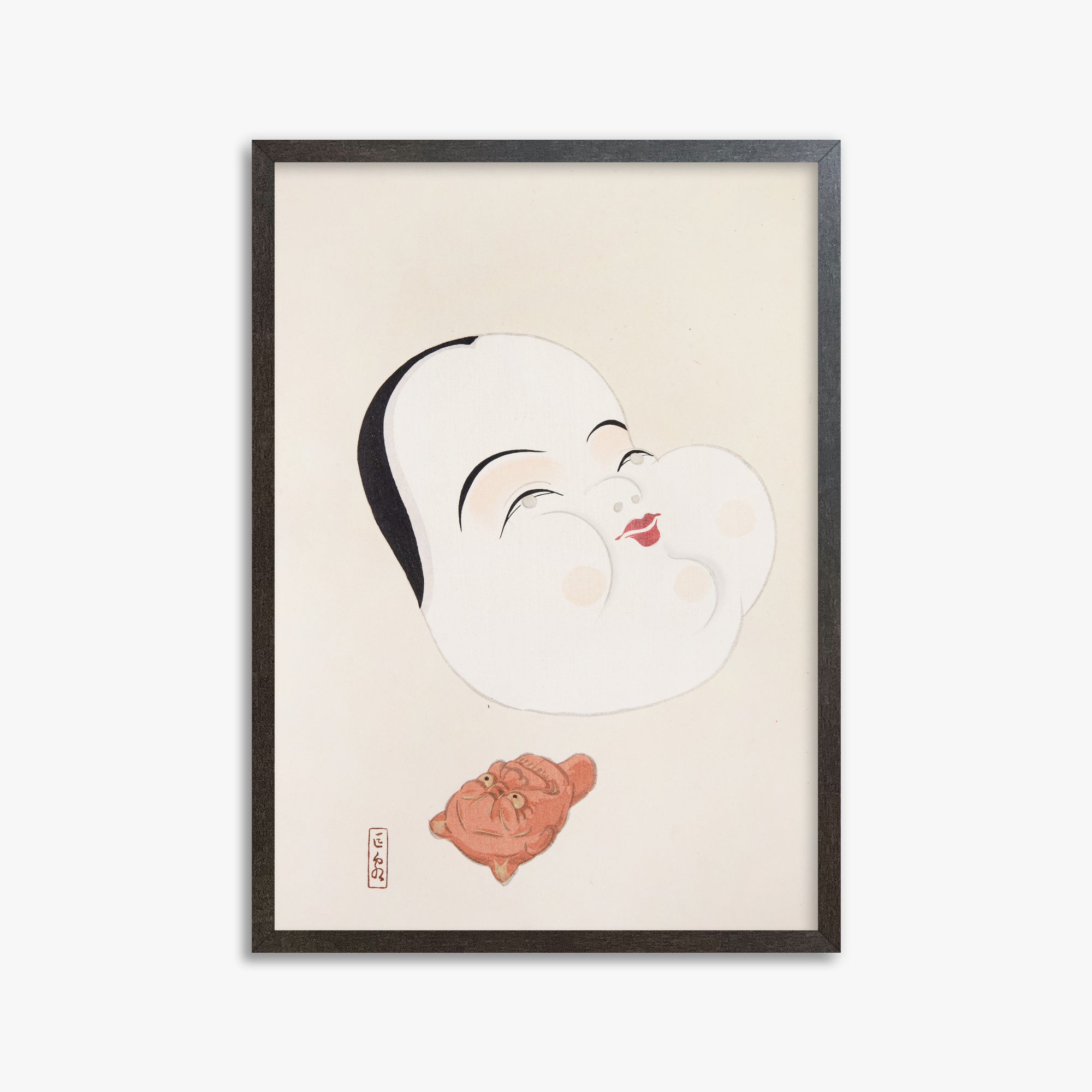 Kawasaki Kyosen: Kyosen’s Collected Illustrations of Japanese Toys Nr. 4 ("Joyful Spirit Mask"), 50x70cm Framed Art Reproduction With Espresso Frame