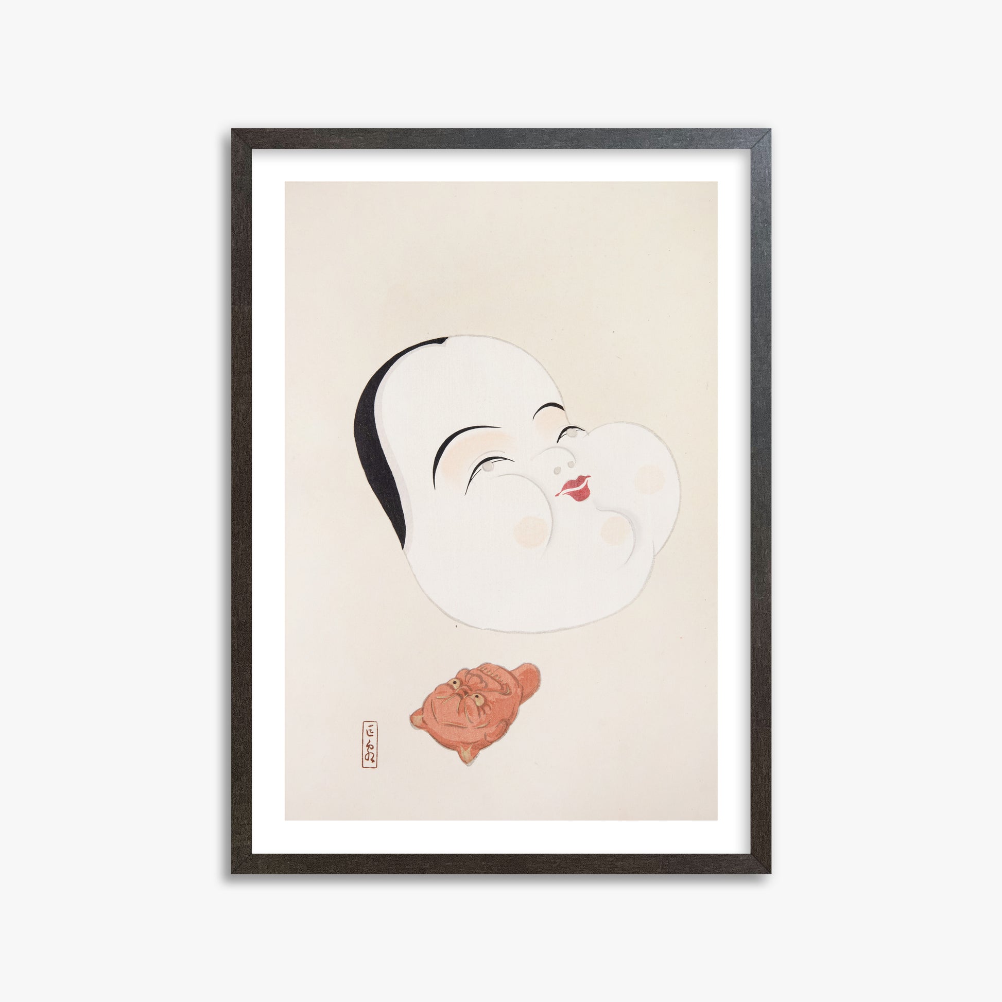 Kawasaki Kyosen: Kyosen’s Collected Illustrations of Japanese Toys Nr. 4 ("Joyful Spirit Mask"), 50x70cm Framed Art Reproduction With Espresso Frame