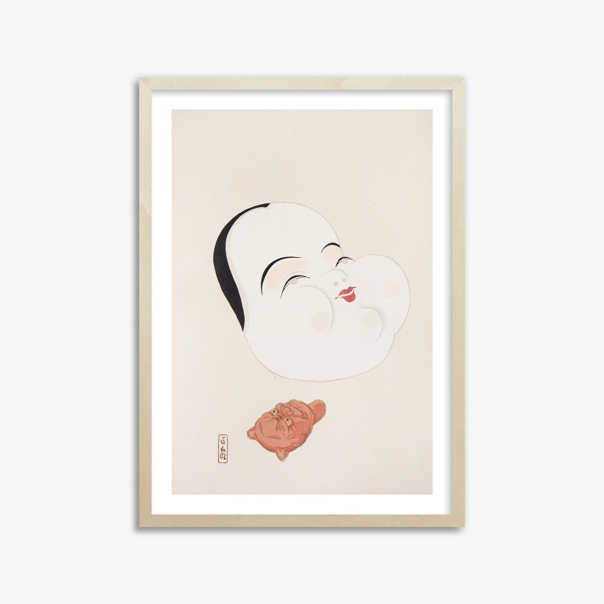 Kawasaki Kyosen: Kyosen’s Collected Illustrations of Japanese Toys Nr. 4 ("Joyful Spirit Mask"), 50x70cm Framed Art Reproduction With Lime Wood Frame