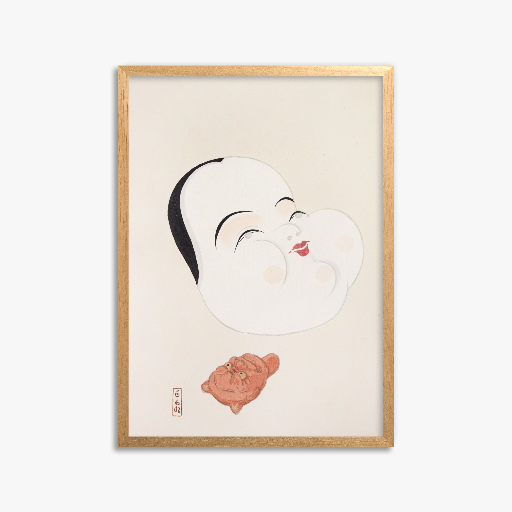 Kawasaki Kyosen: Kyosen’s Collected Illustrations of Japanese Toys Nr. 4 ("Joyful Spirit Mask"), 50x70cm Framed Art Reproduction With Oak Frame
