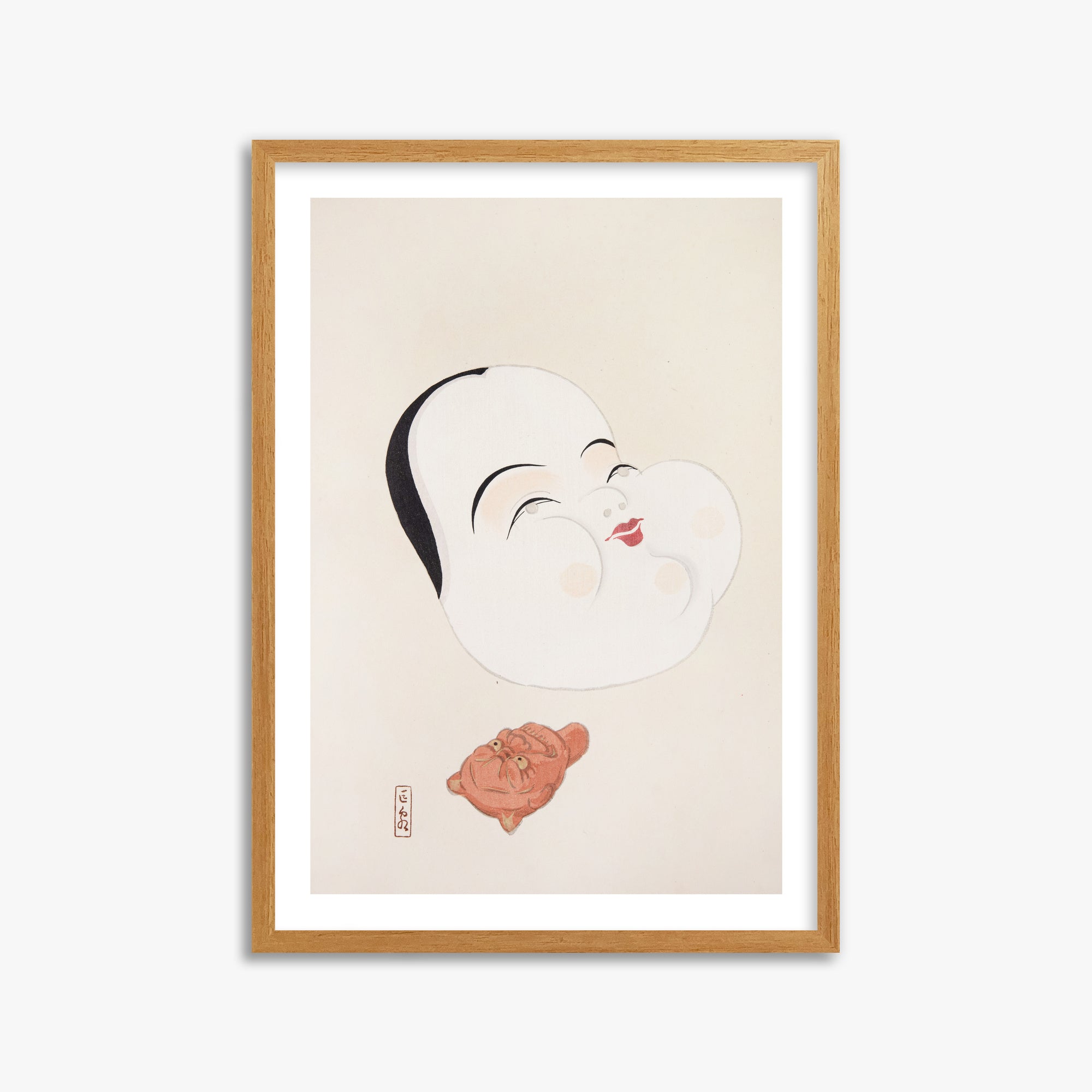 Kawasaki Kyosen: Kyosen’s Collected Illustrations of Japanese Toys Nr. 4 ("Joyful Spirit Mask"), 50x70cm Framed Art Reproduction With Oak Frame