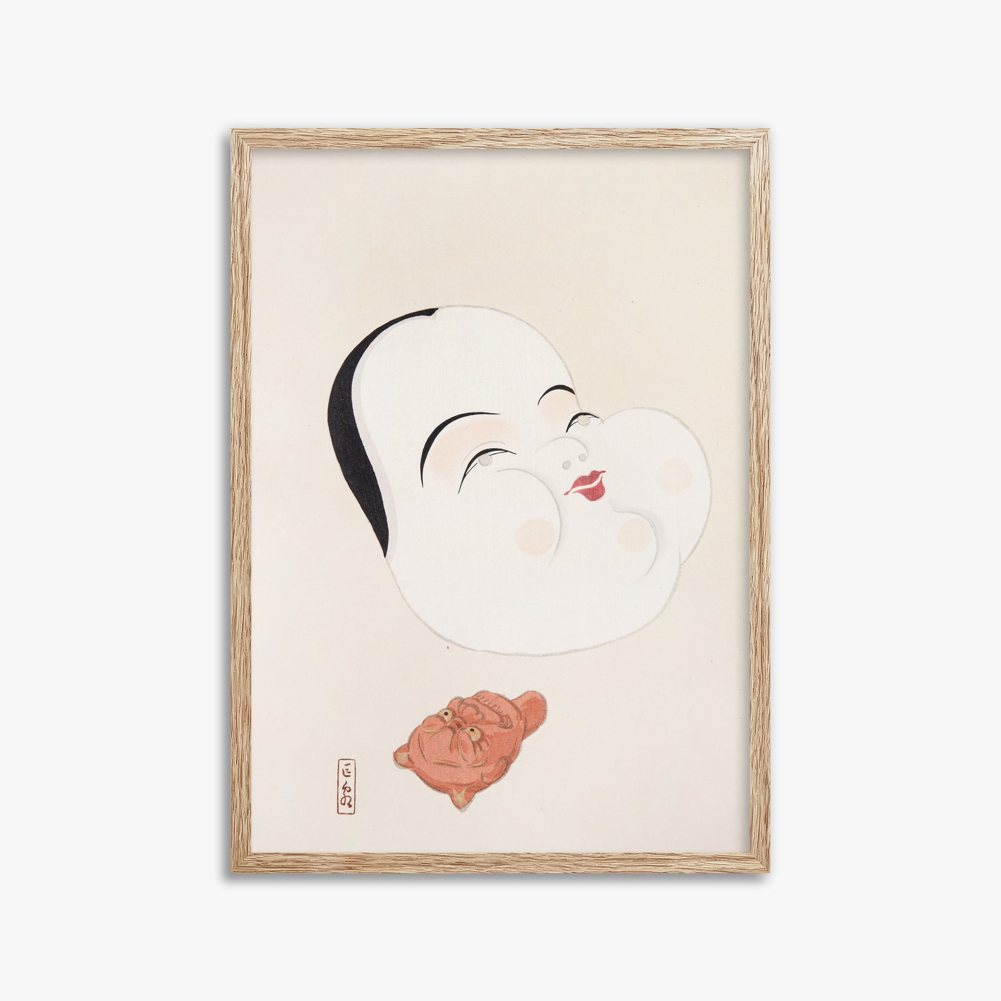 Kawasaki Kyosen: Kyosen’s Collected Illustrations of Japanese Toys Nr. 4 ("Joyful Spirit Mask"), 50x70cm Framed Art Reproduction With Raw Oak Frame