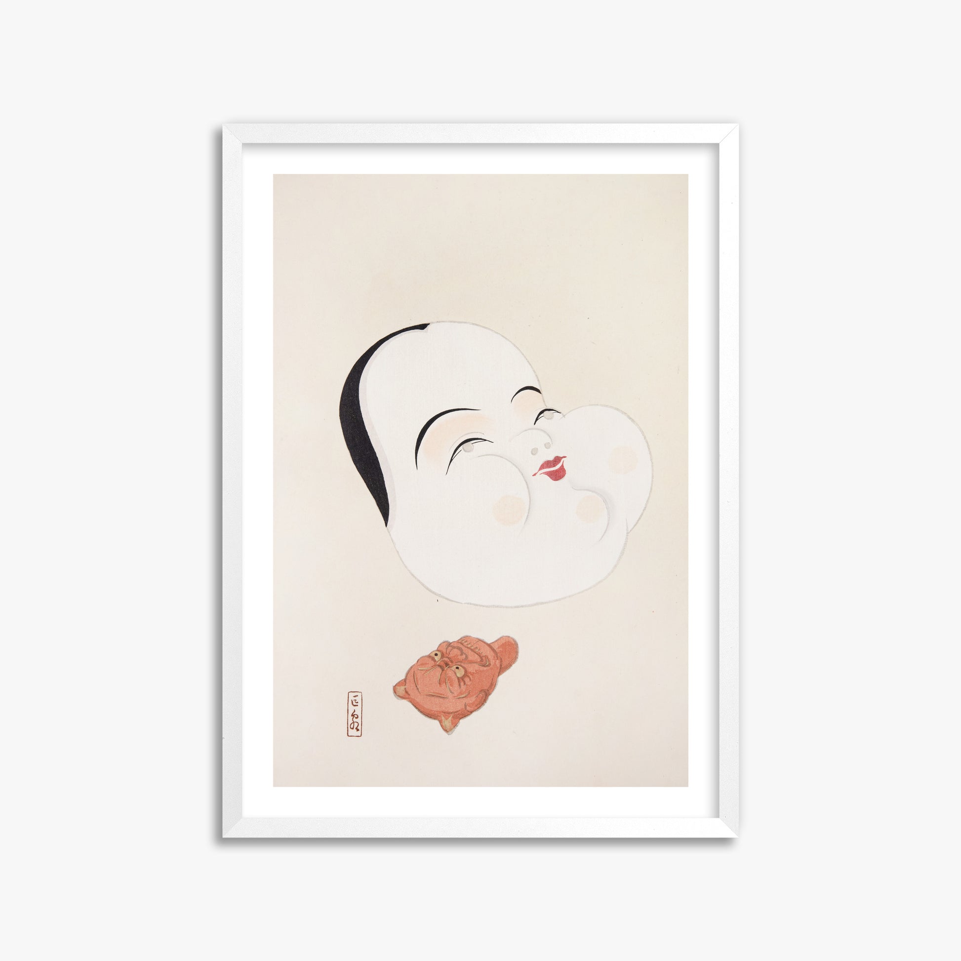Kawasaki Kyosen: Kyosen’s Collected Illustrations of Japanese Toys Nr. 4 ("Joyful Spirit Mask"), 50x70cm Framed Art Reproduction With White Frame