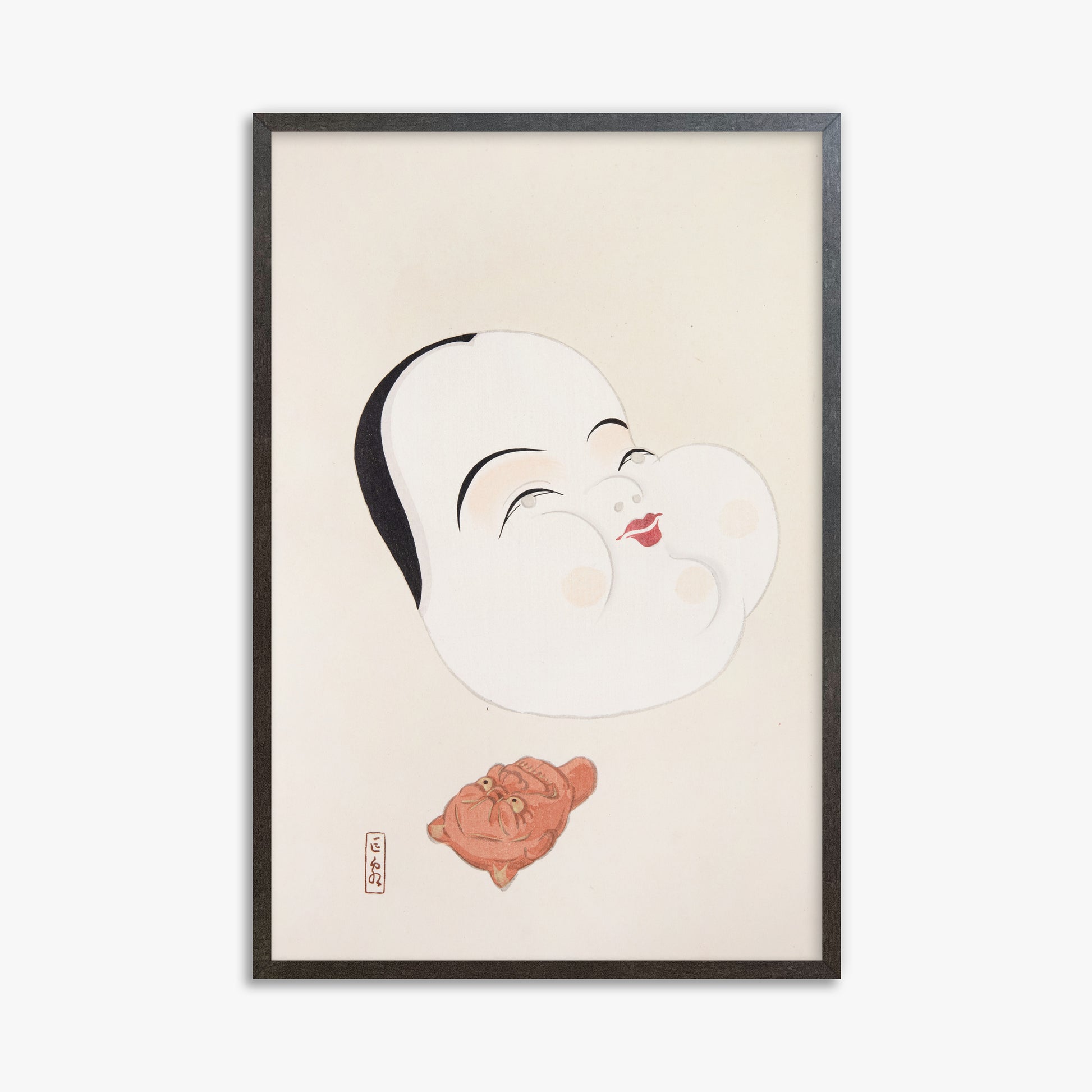 Kawasaki Kyosen: Kyosen’s Collected Illustrations of Japanese Toys Nr. 4 ("Joyful Spirit Mask"), 61x91cm Framed Art Reproduction With Espresso Frame