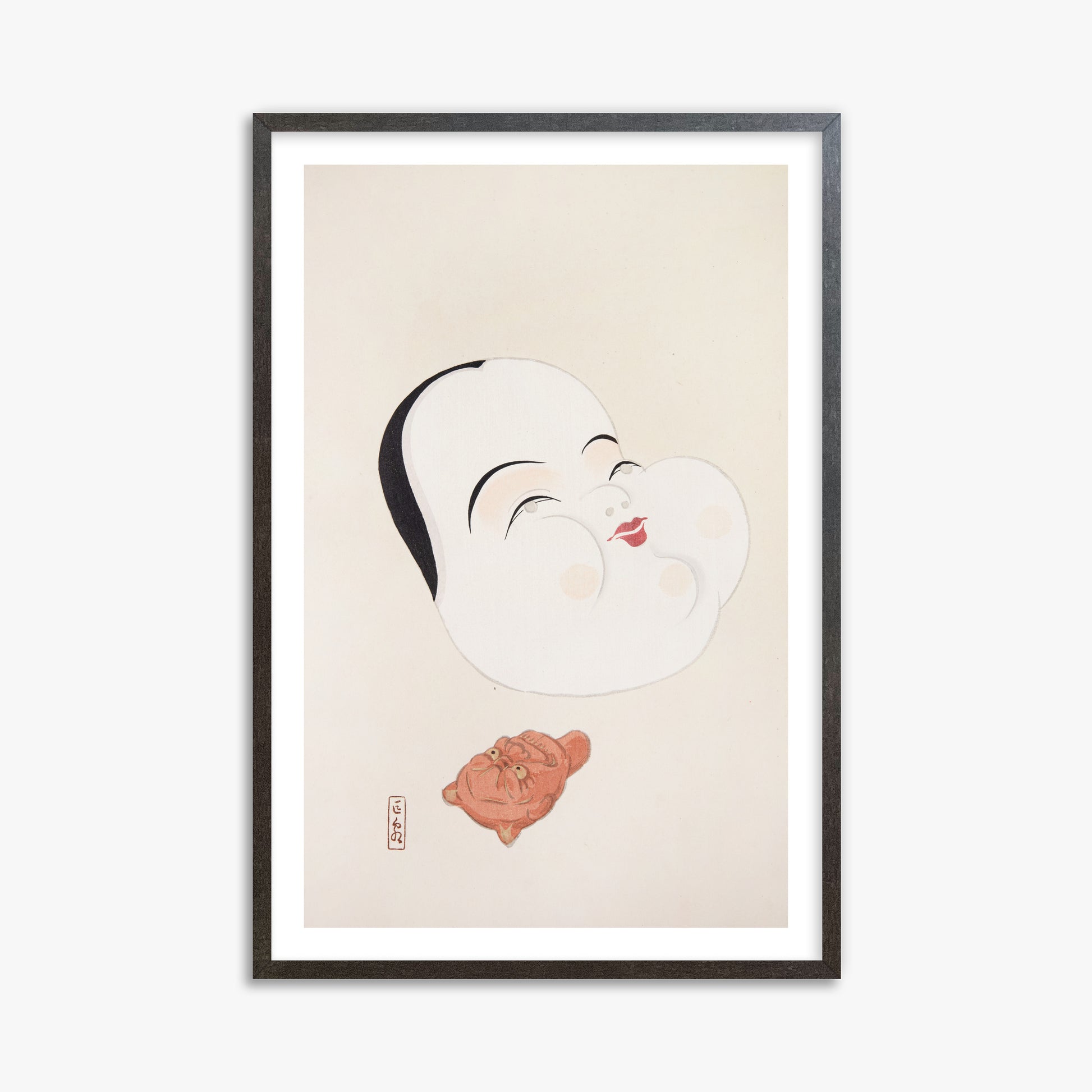 Kawasaki Kyosen: Kyosen’s Collected Illustrations of Japanese Toys Nr. 4 ("Joyful Spirit Mask"), 61x91cm Framed Art Reproduction With Espresso Frame