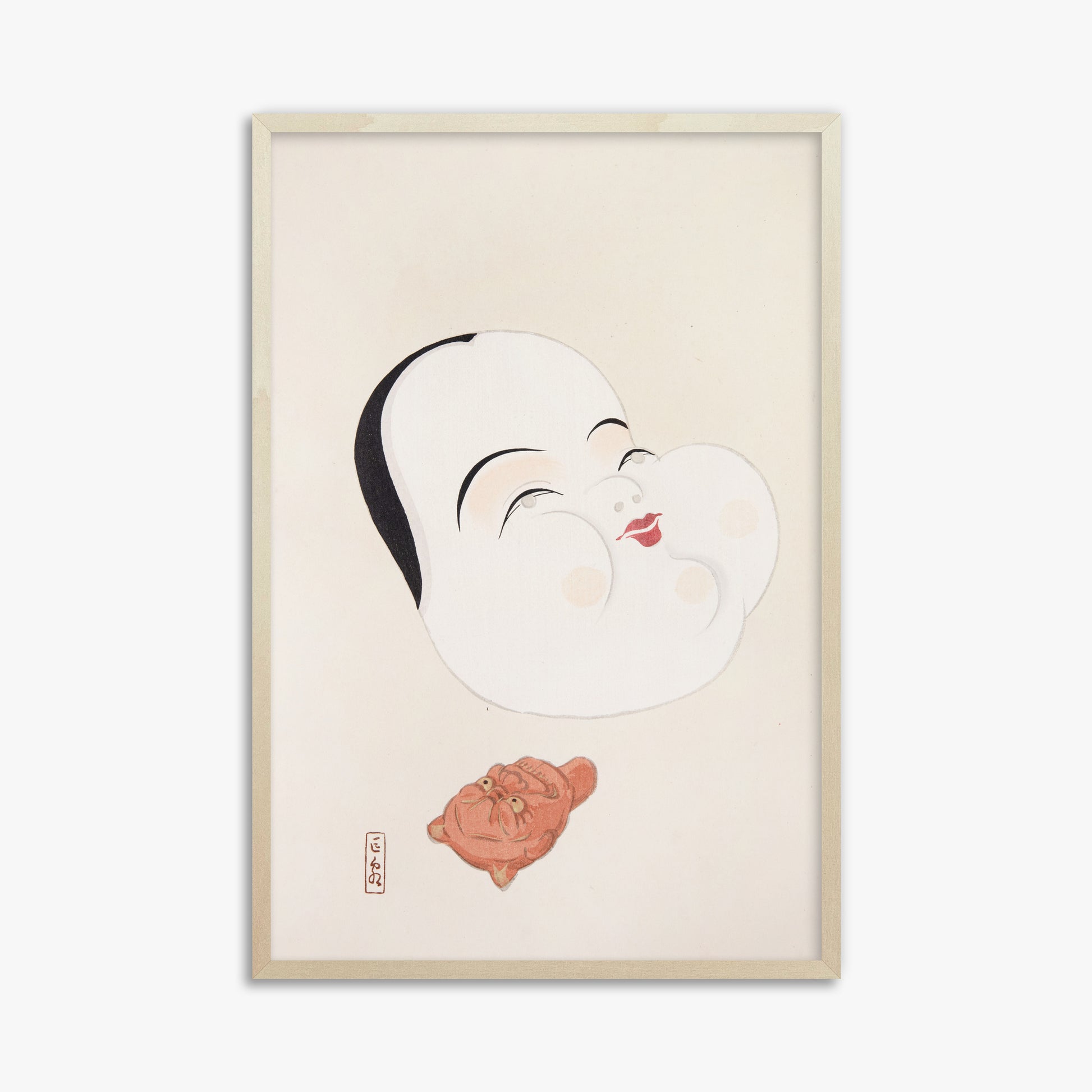 Kawasaki Kyosen: Kyosen’s Collected Illustrations of Japanese Toys Nr. 4 ("Joyful Spirit Mask"), 61x91cm Framed Art Reproduction With Lime Wood Frame