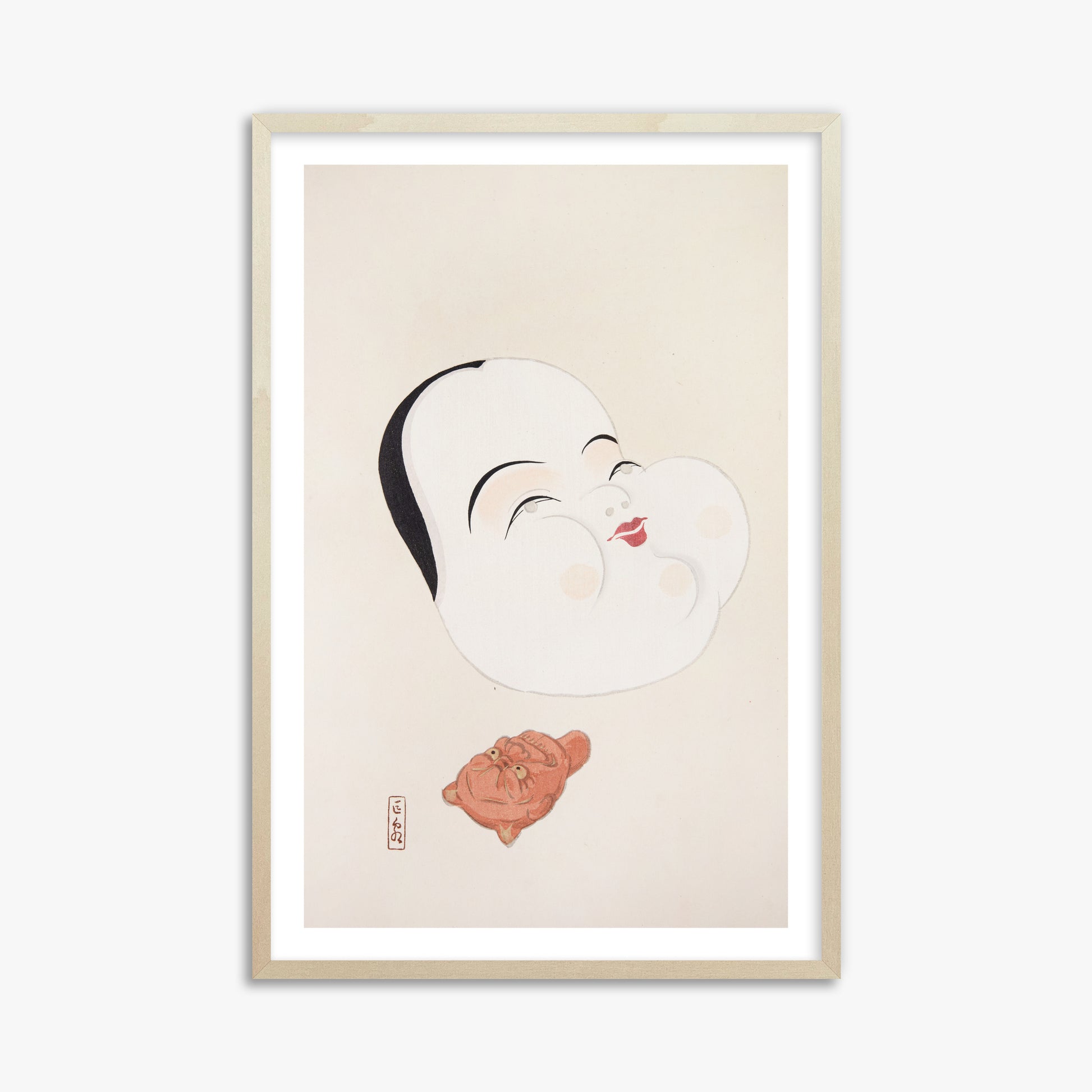 Kawasaki Kyosen: Kyosen’s Collected Illustrations of Japanese Toys Nr. 4 ("Joyful Spirit Mask"), 61x91cm Framed Art Reproduction With Lime Wood Frame