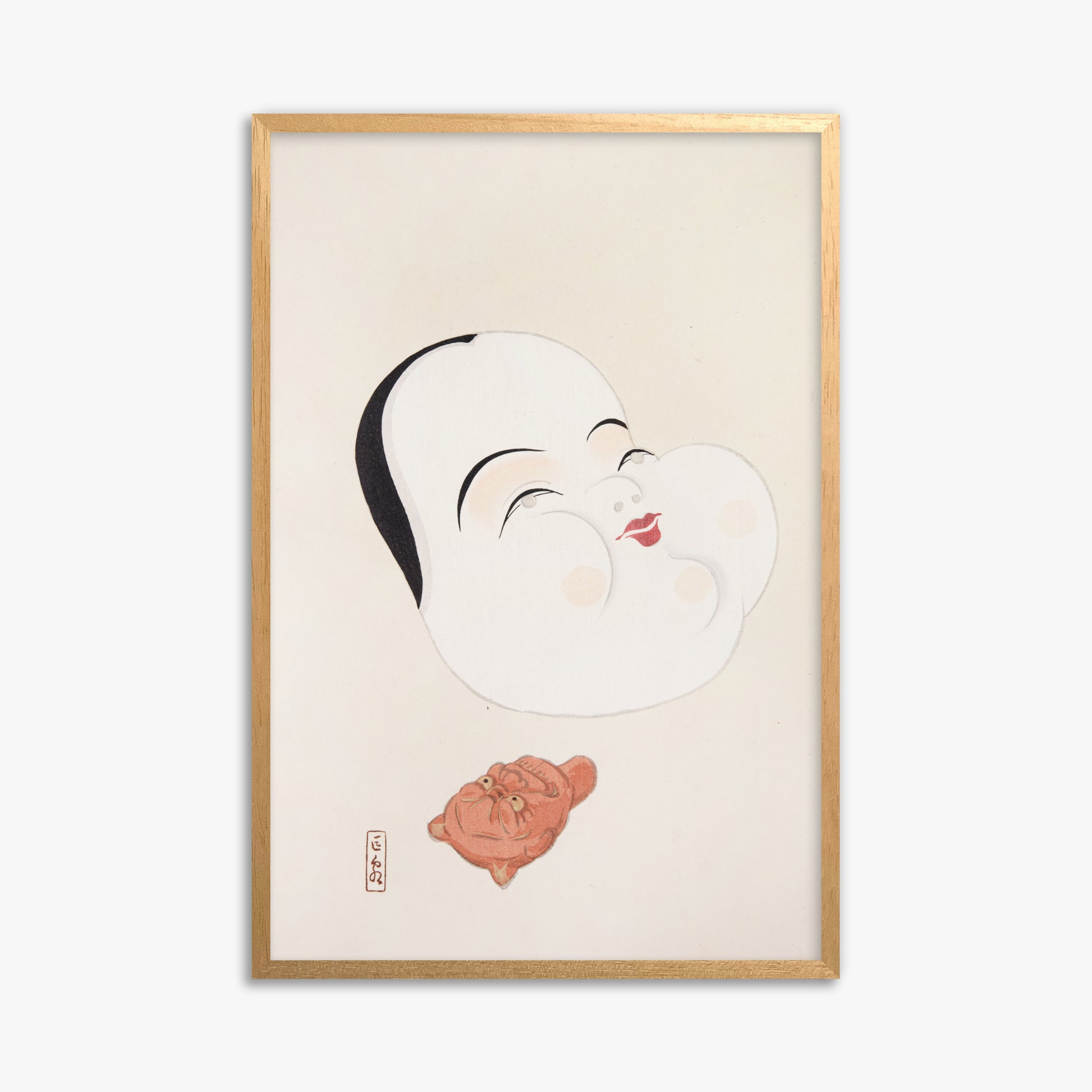Kawasaki Kyosen: Kyosen’s Collected Illustrations of Japanese Toys Nr. 4 ("Joyful Spirit Mask"), 61x91cm Framed Art Reproduction With Oak Frame