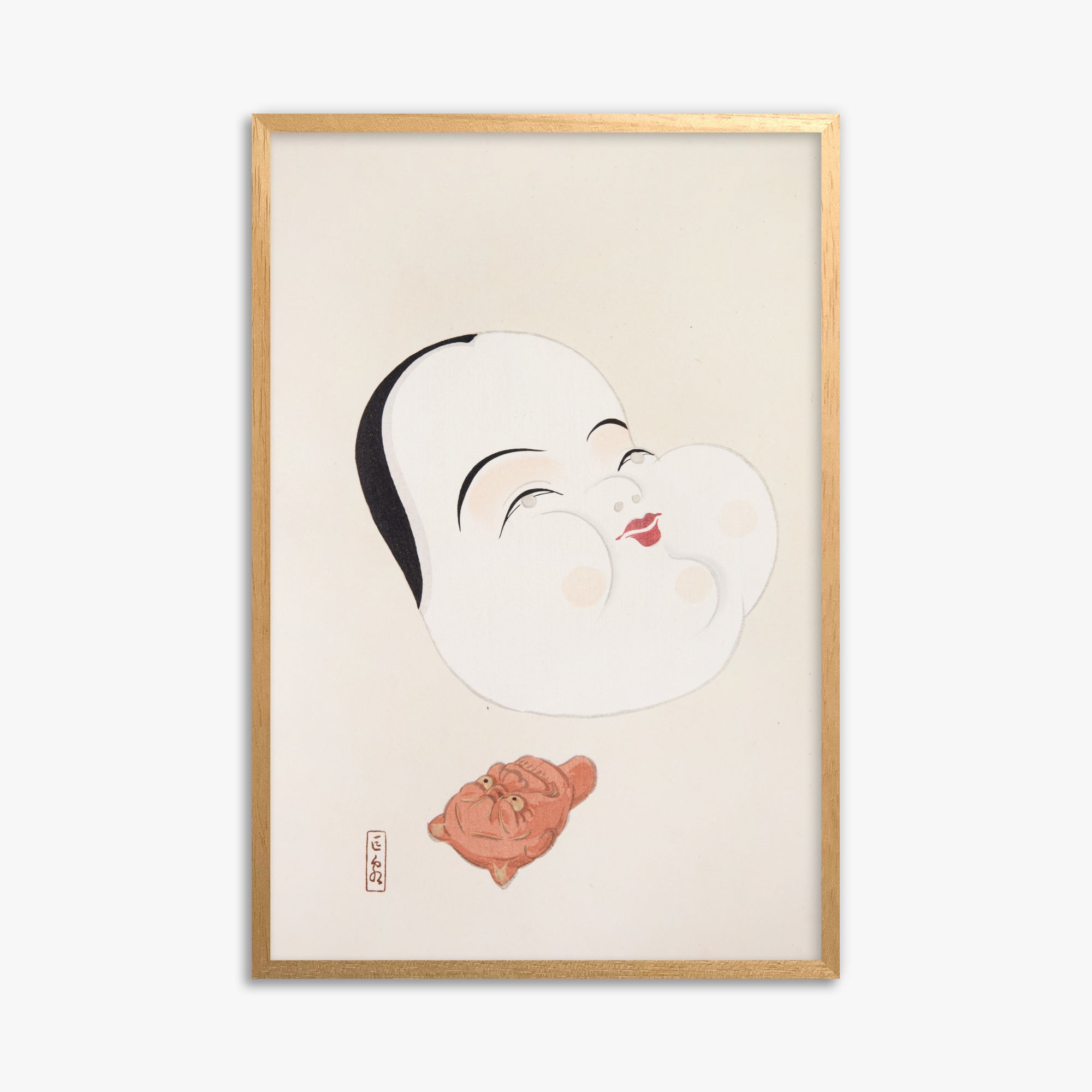 Kawasaki Kyosen: Kyosen’s Collected Illustrations of Japanese Toys Nr. 4 ("Joyful Spirit Mask"), 61x91cm Framed Art Reproduction With Oak Frame