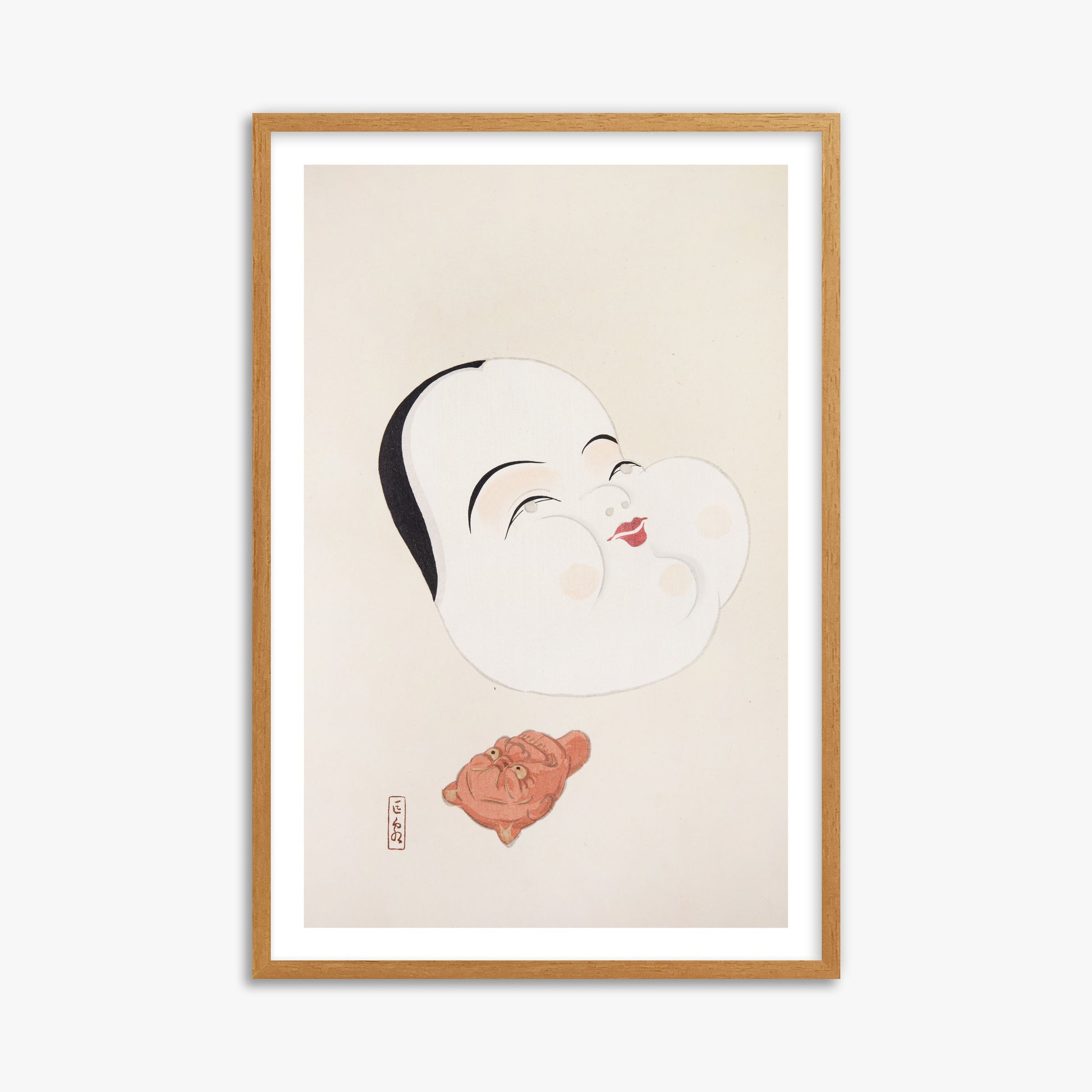 Kawasaki Kyosen: Kyosen’s Collected Illustrations of Japanese Toys Nr. 4 ("Joyful Spirit Mask"), 61x91cm Framed Art Reproduction With Oak Frame