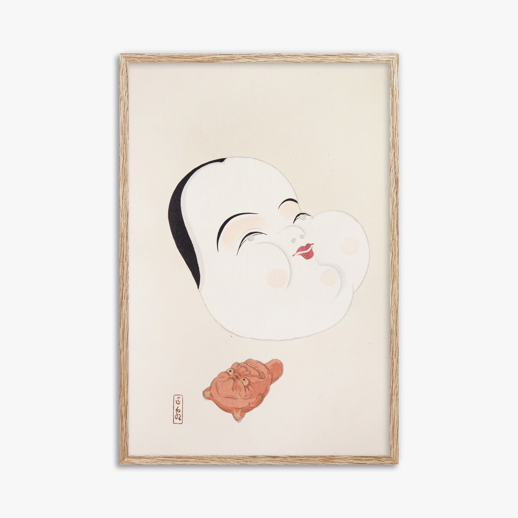 Kawasaki Kyosen: Kyosen’s Collected Illustrations of Japanese Toys Nr. 4 ("Joyful Spirit Mask"), 61x91cm Framed Art Reproduction With Raw Oak Frame