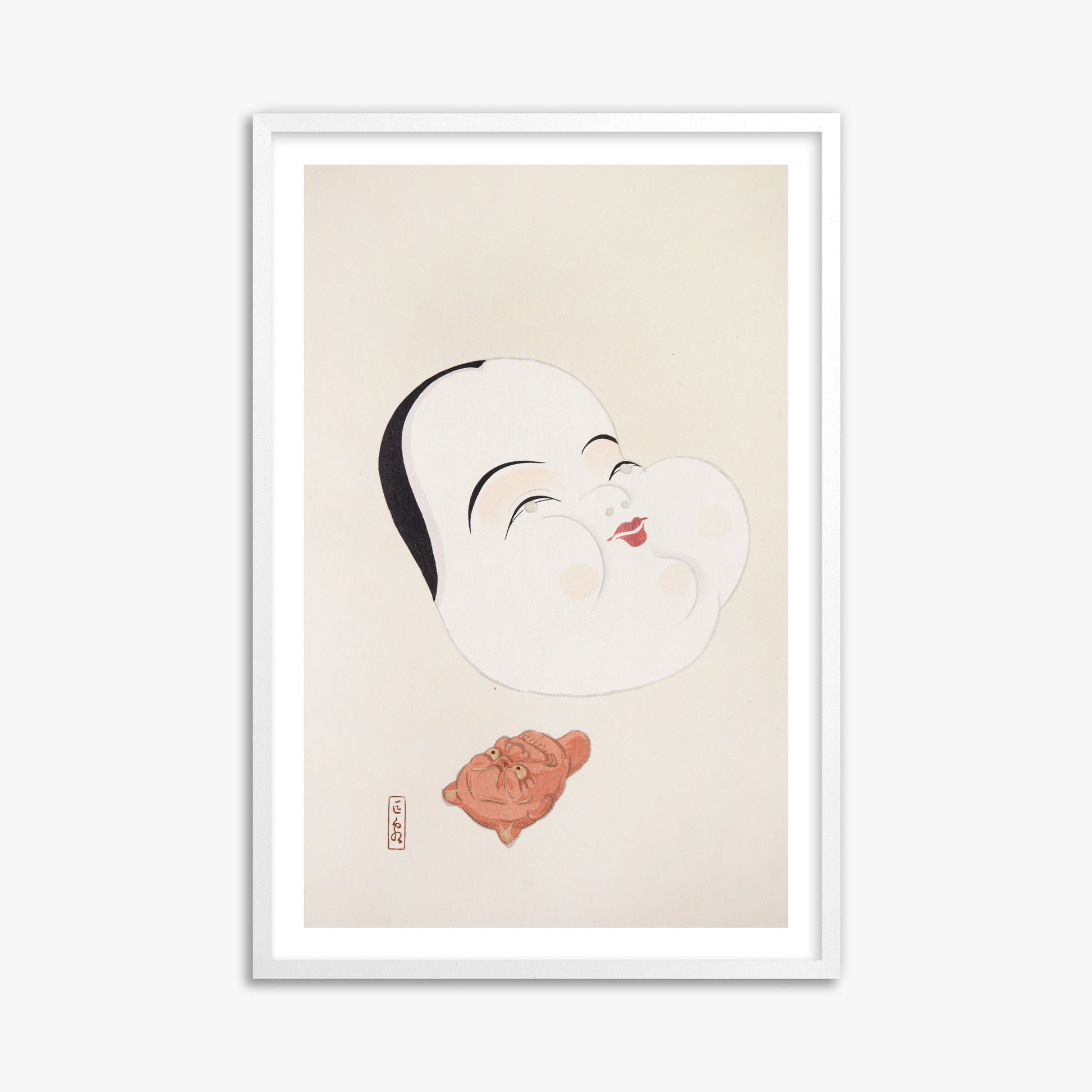 Kawasaki Kyosen: Kyosen’s Collected Illustrations of Japanese Toys Nr. 4 ("Joyful Spirit Mask"), 61x91cm Framed Art Reproduction With White Frame