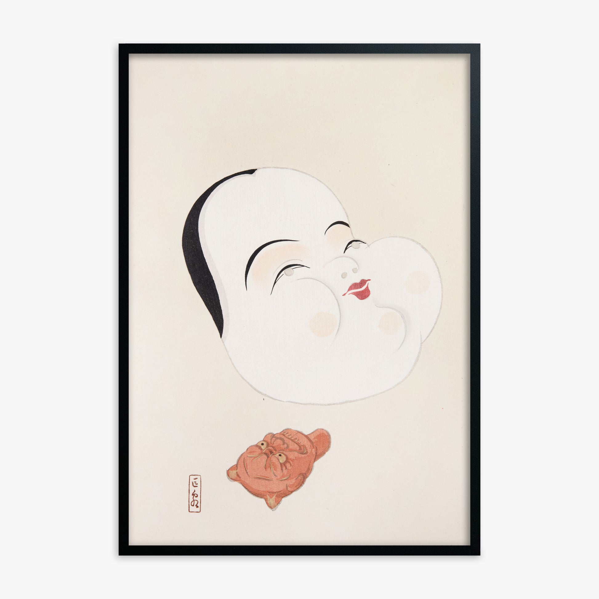 Kawasaki Kyosen: Kyosen’s Collected Illustrations of Japanese Toys Nr. 4 ("Joyful Spirit Mask"), Black Framed Art Reproduction With Black Frame