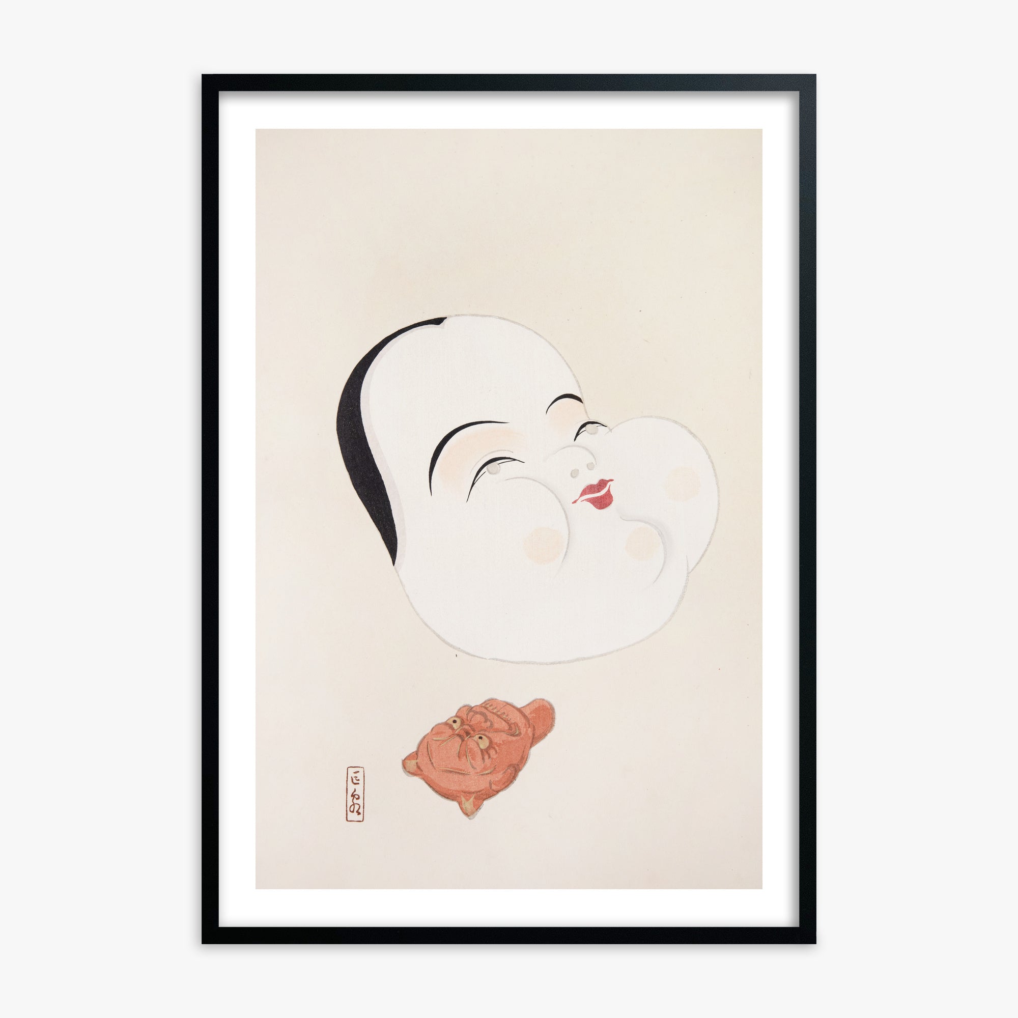 Kawasaki Kyosen: Kyosen’s Collected Illustrations of Japanese Toys Nr. 4 ("Joyful Spirit Mask"), 70x100cm Framed Art Reproduction With Black Frame