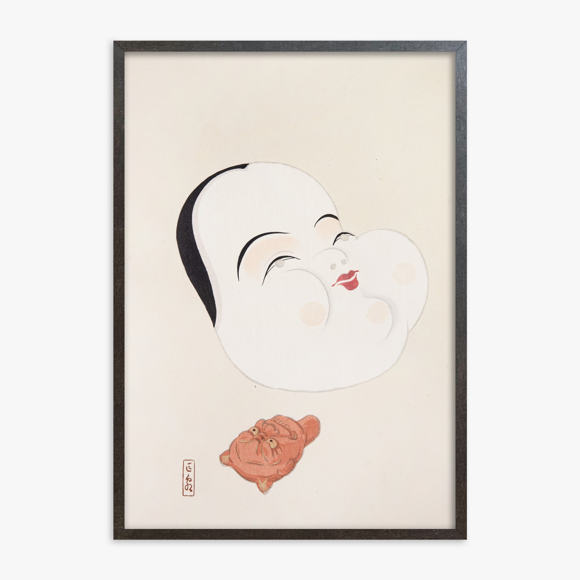 Kawasaki Kyosen: Kyosen’s Collected Illustrations of Japanese Toys Nr. 4 ("Joyful Spirit Mask"), 70x100cm Framed Art Reproduction With Espresso Frame
