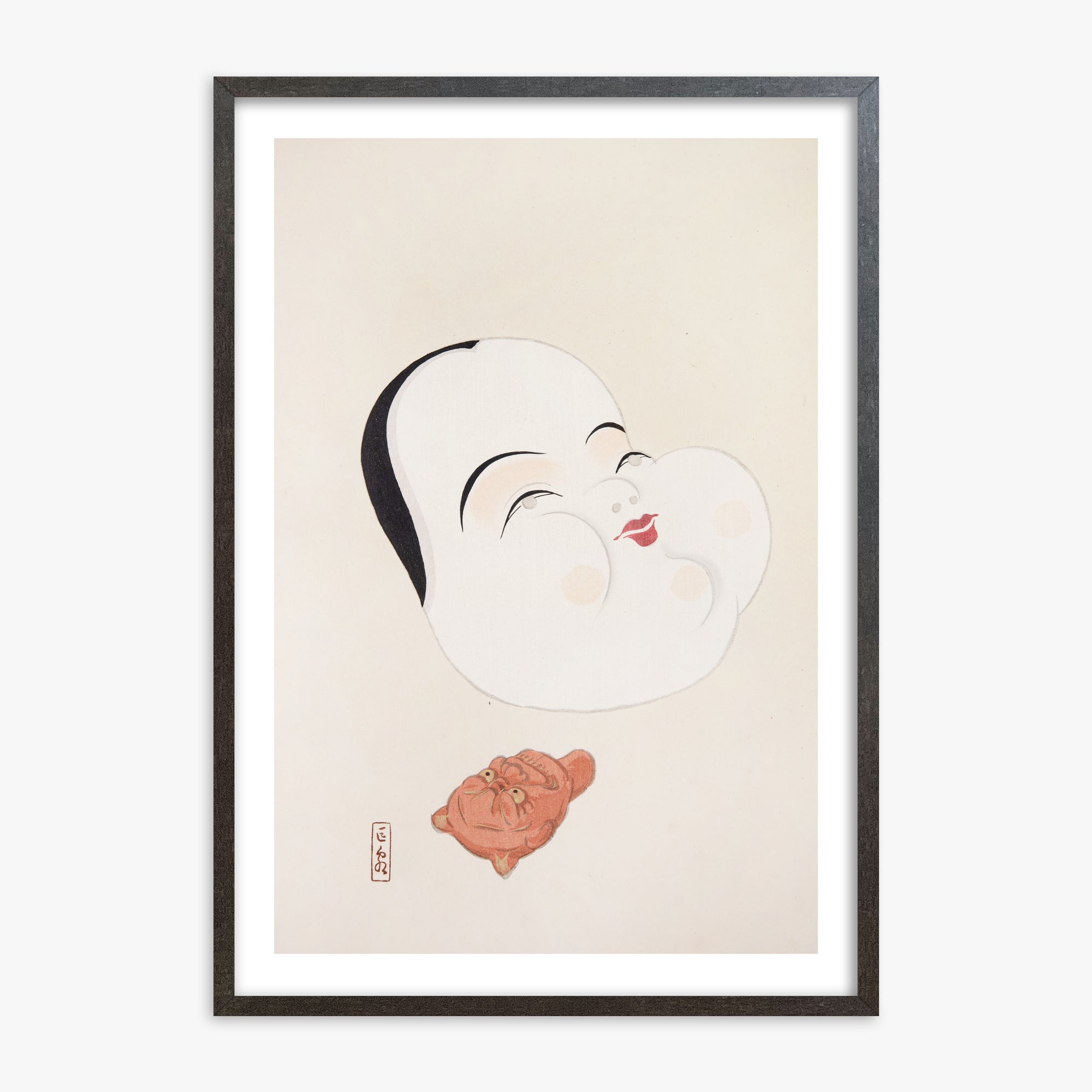 Kawasaki Kyosen: Kyosen’s Collected Illustrations of Japanese Toys Nr. 4 ("Joyful Spirit Mask"), 70x100cm Framed Art Reproduction With Espresso Frame