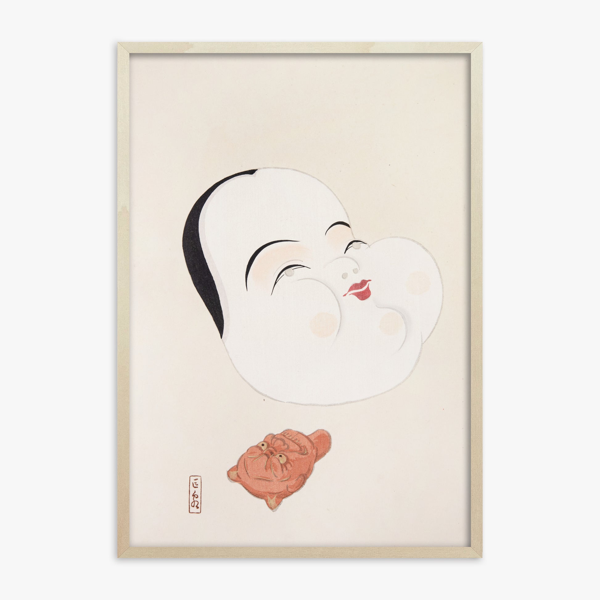 Kawasaki Kyosen: Kyosen’s Collected Illustrations of Japanese Toys Nr. 4 ("Joyful Spirit Mask"), 70x100cm Framed Art Reproduction With Lime Wood Frame