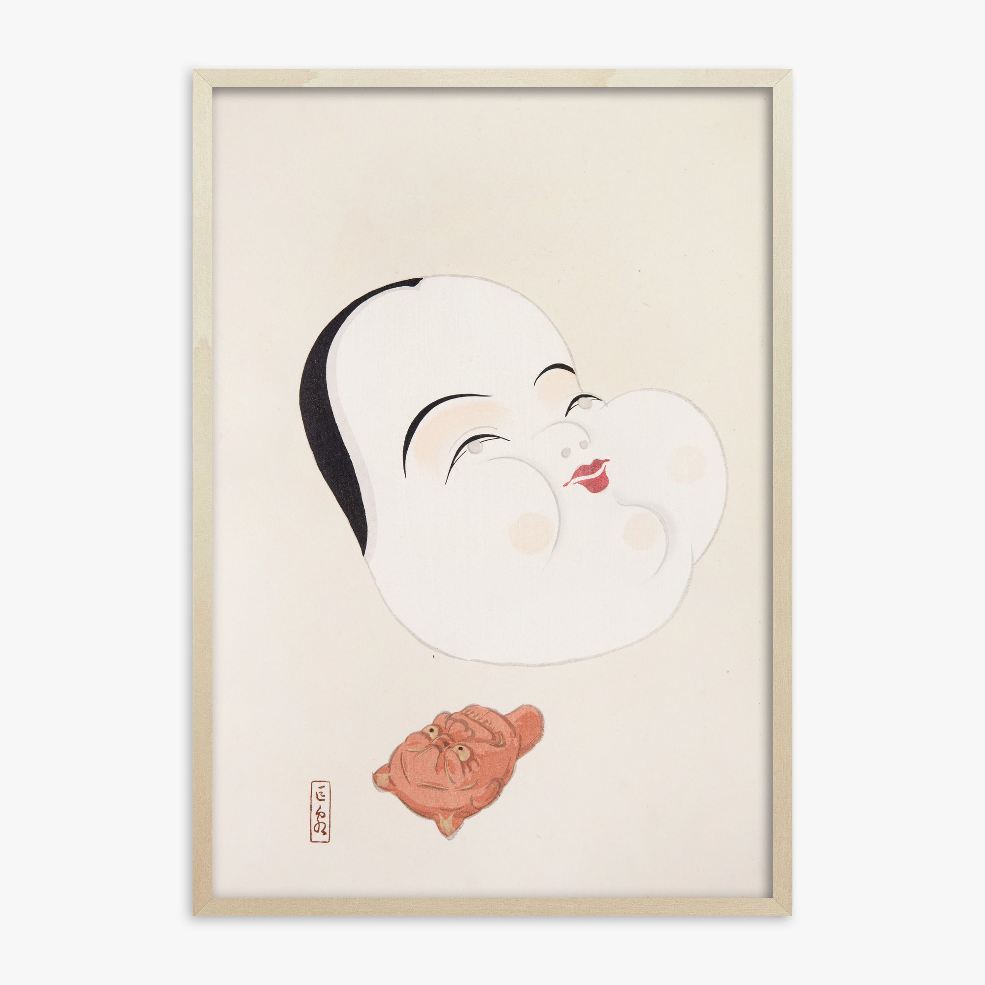 Kawasaki Kyosen: Kyosen’s Collected Illustrations of Japanese Toys Nr. 4 ("Joyful Spirit Mask"), 70x100cm Framed Art Reproduction With Lime Wood Frame