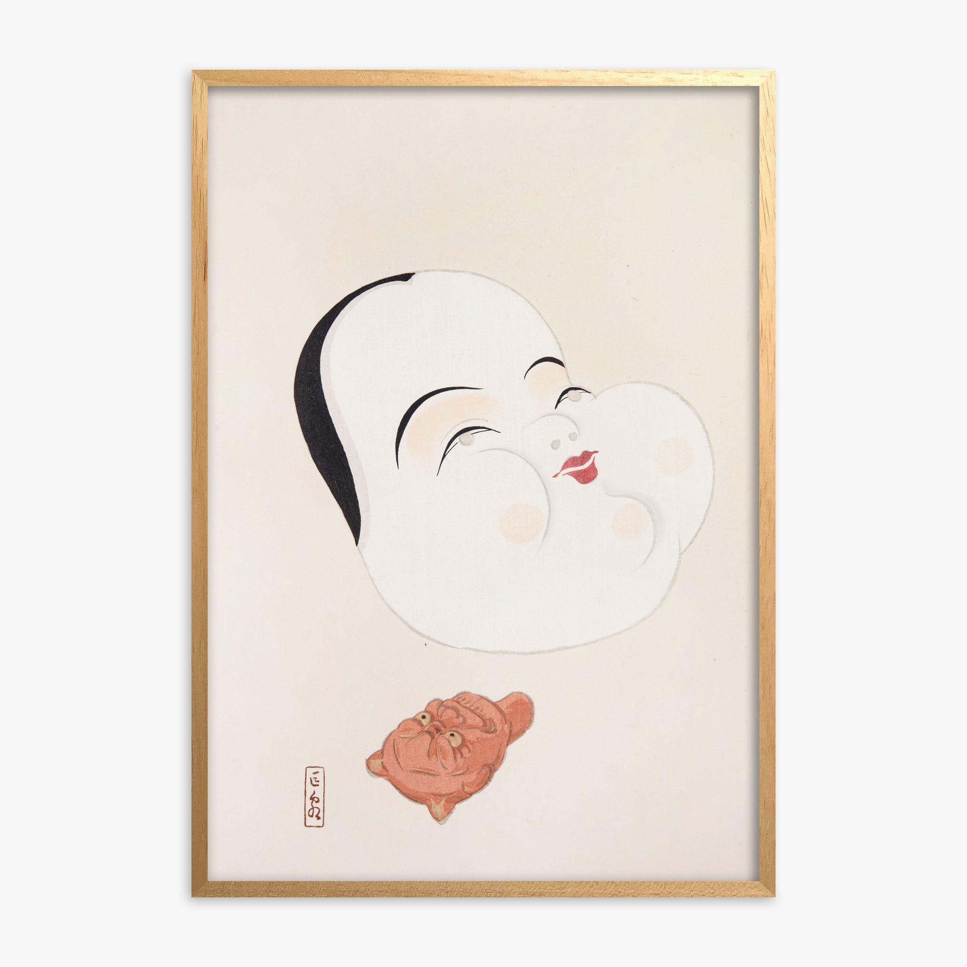 Kawasaki Kyosen: Kyosen’s Collected Illustrations of Japanese Toys Nr. 4 ("Joyful Spirit Mask"), Oak Framed Art Reproduction With Oak Frame