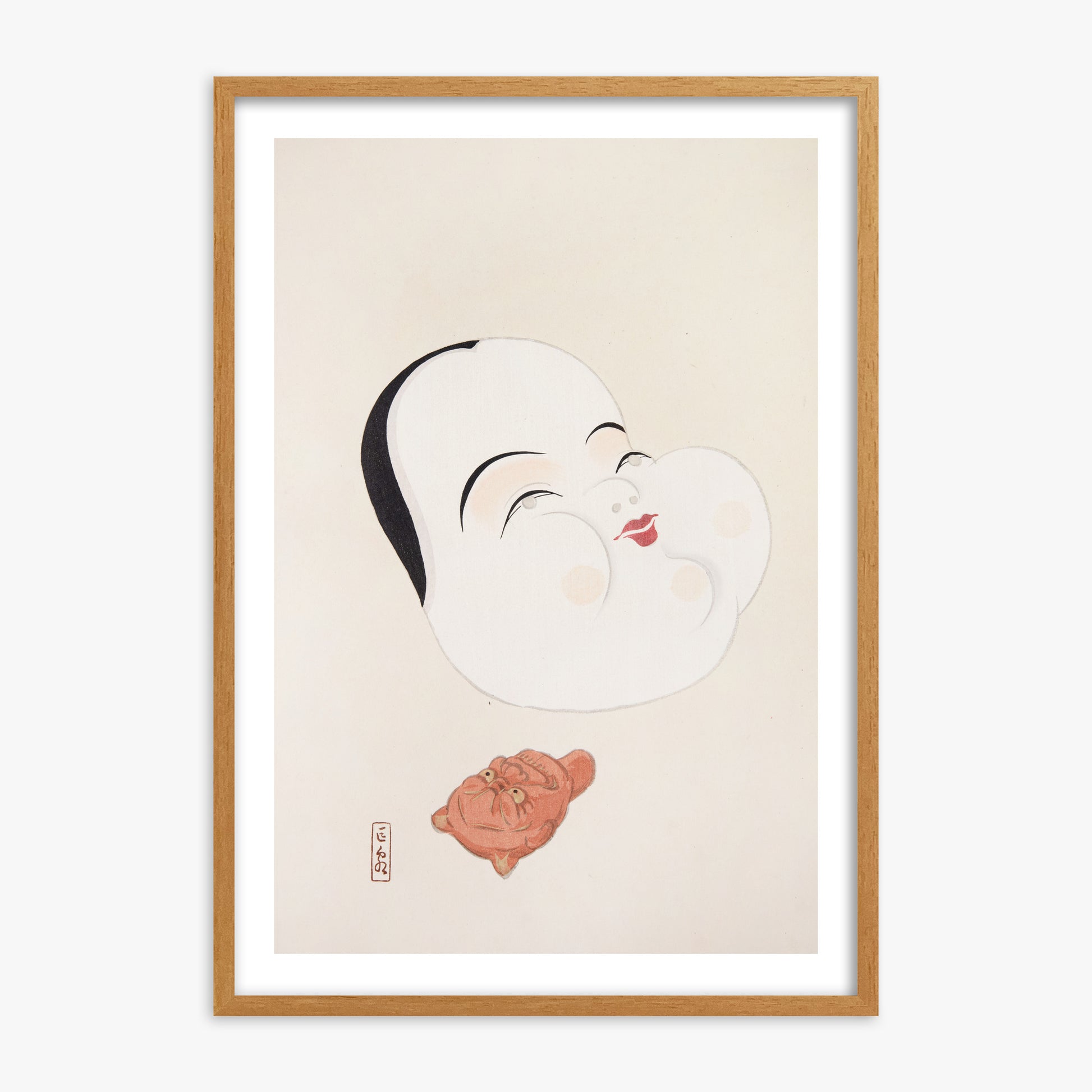 Kawasaki Kyosen: Kyosen’s Collected Illustrations of Japanese Toys Nr. 4 ("Joyful Spirit Mask"), 70x100cm Framed Art Reproduction With Oak Frame