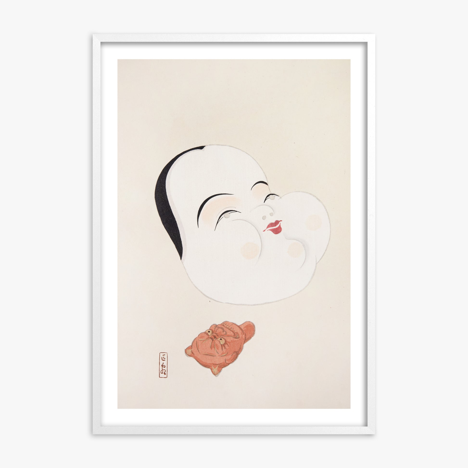 Kawasaki Kyosen: Kyosen’s Collected Illustrations of Japanese Toys Nr. 4 ("Joyful Spirit Mask"), 70x100cm Framed Art Reproduction With White Frame