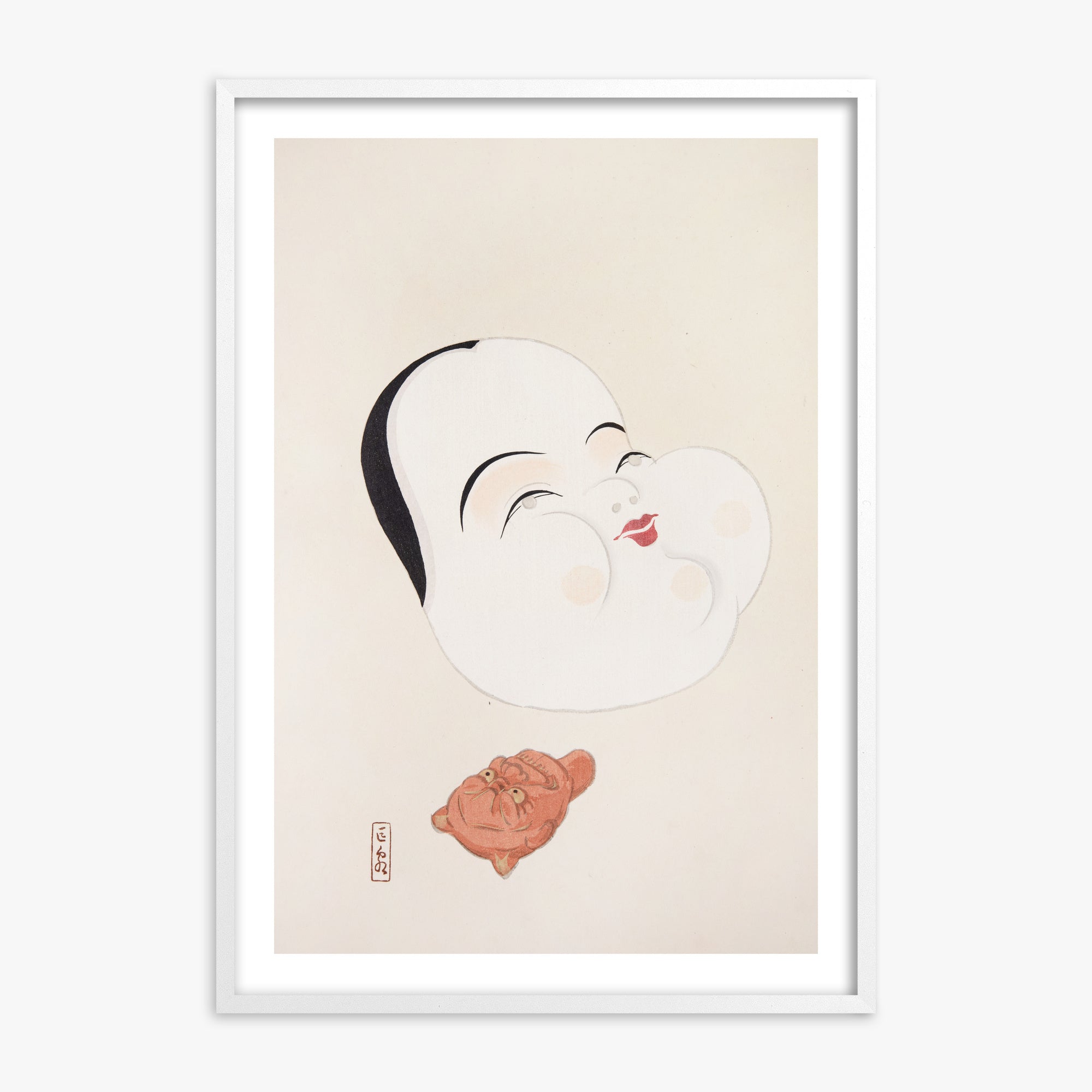 Kawasaki Kyosen: Kyosen’s Collected Illustrations of Japanese Toys Nr. 4 ("Joyful Spirit Mask"), 70x100cm Framed Art Reproduction With White Frame
