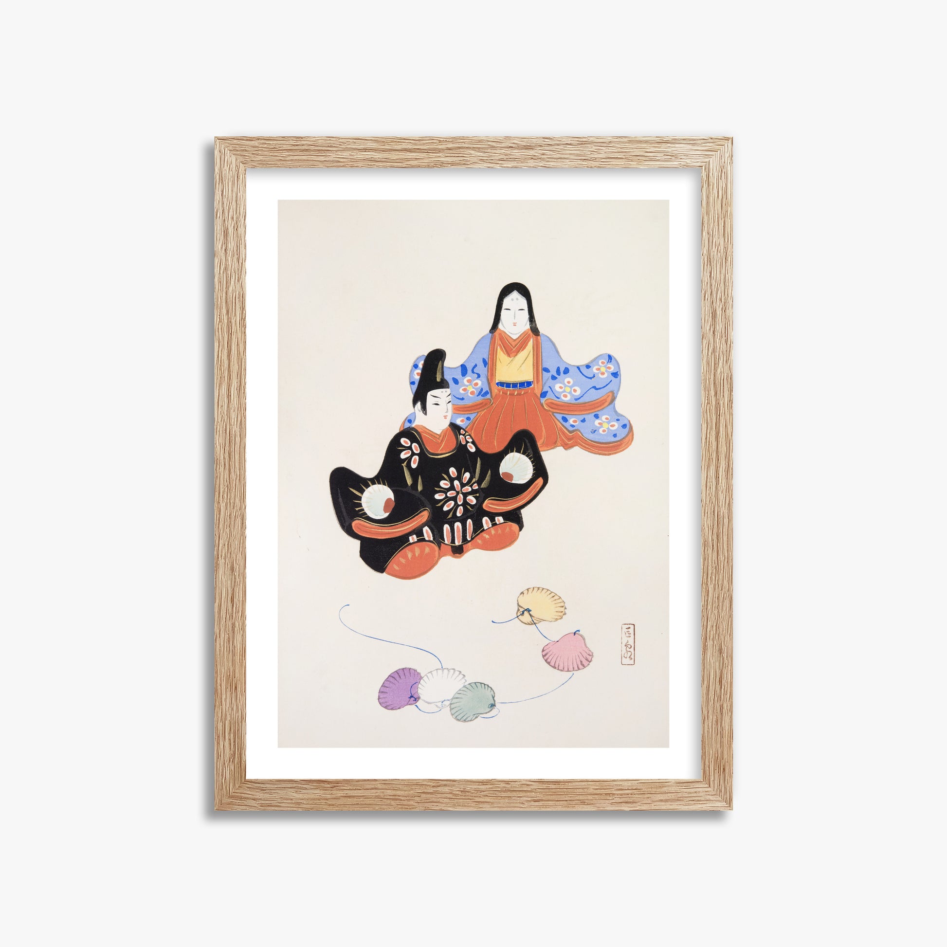 Kawasaki Kyosen: Kyosen’s Collected Illustrations of Japanese Toys Nr. 5 ("Serene Harmony Oriental Art"), 30x40cm Framed Art Reproduction With Raw Oak Frame