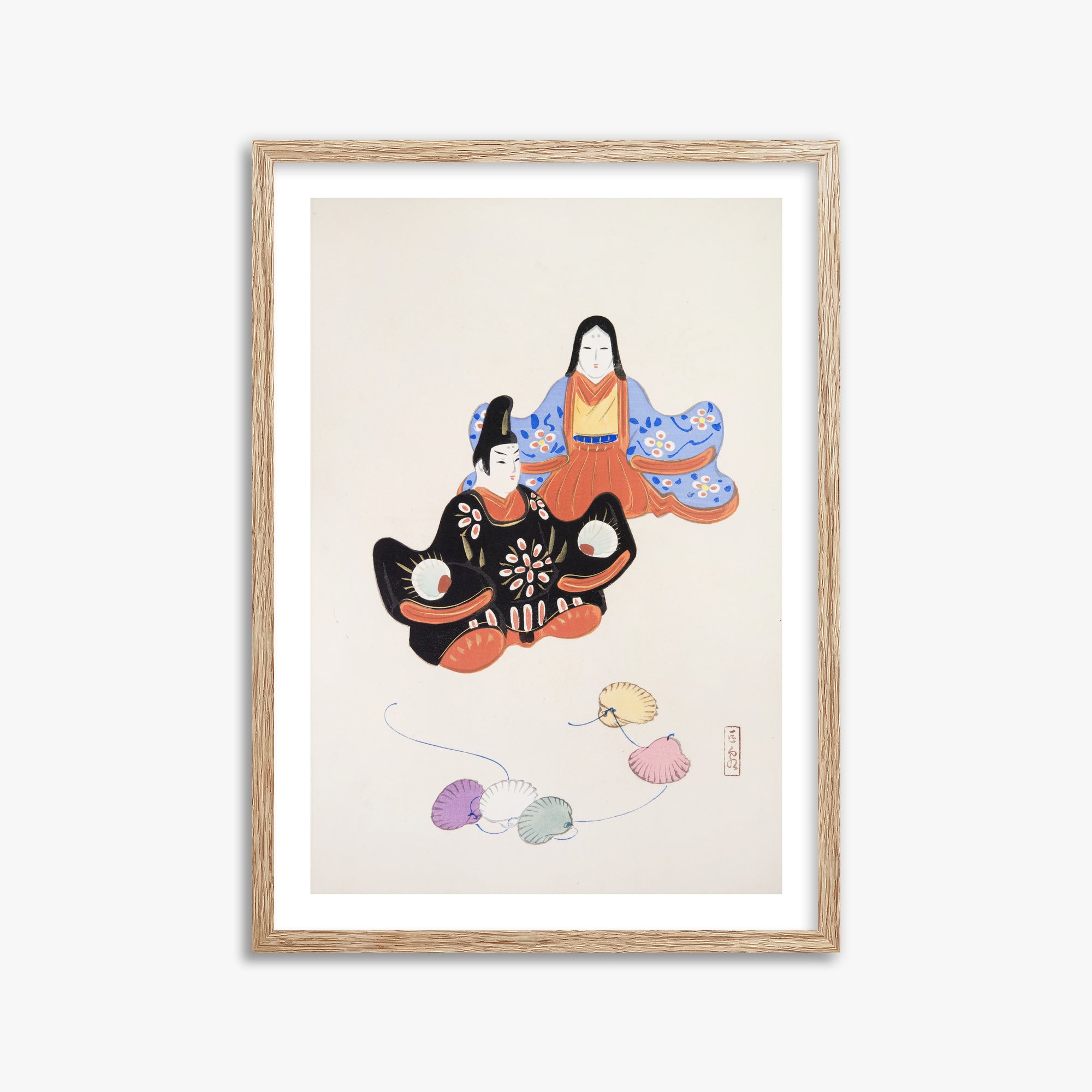Kawasaki Kyosen: Kyosen’s Collected Illustrations of Japanese Toys Nr. 5 ("Serene Harmony Oriental Art"), 50x70cm Framed Art Reproduction With Raw Oak Frame