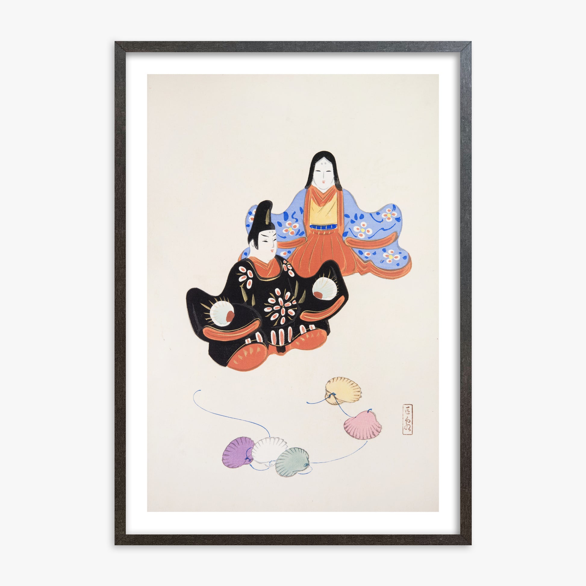 Kawasaki Kyosen: Kyosen’s Collected Illustrations of Japanese Toys Nr. 5 ("Serene Harmony Oriental Art"), 70x100cm Framed Art Reproduction With Espresso Frame