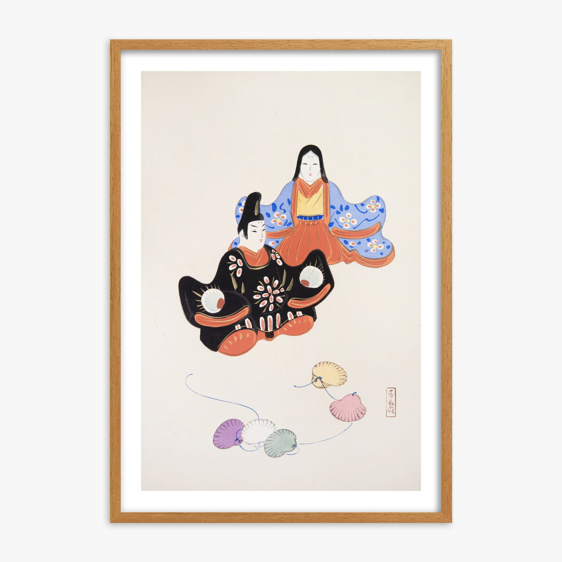 Kawasaki Kyosen: Kyosen’s Collected Illustrations of Japanese Toys Nr. 5 ("Serene Harmony Oriental Art"), 70x100cm Framed Art Reproduction With Oak Frame