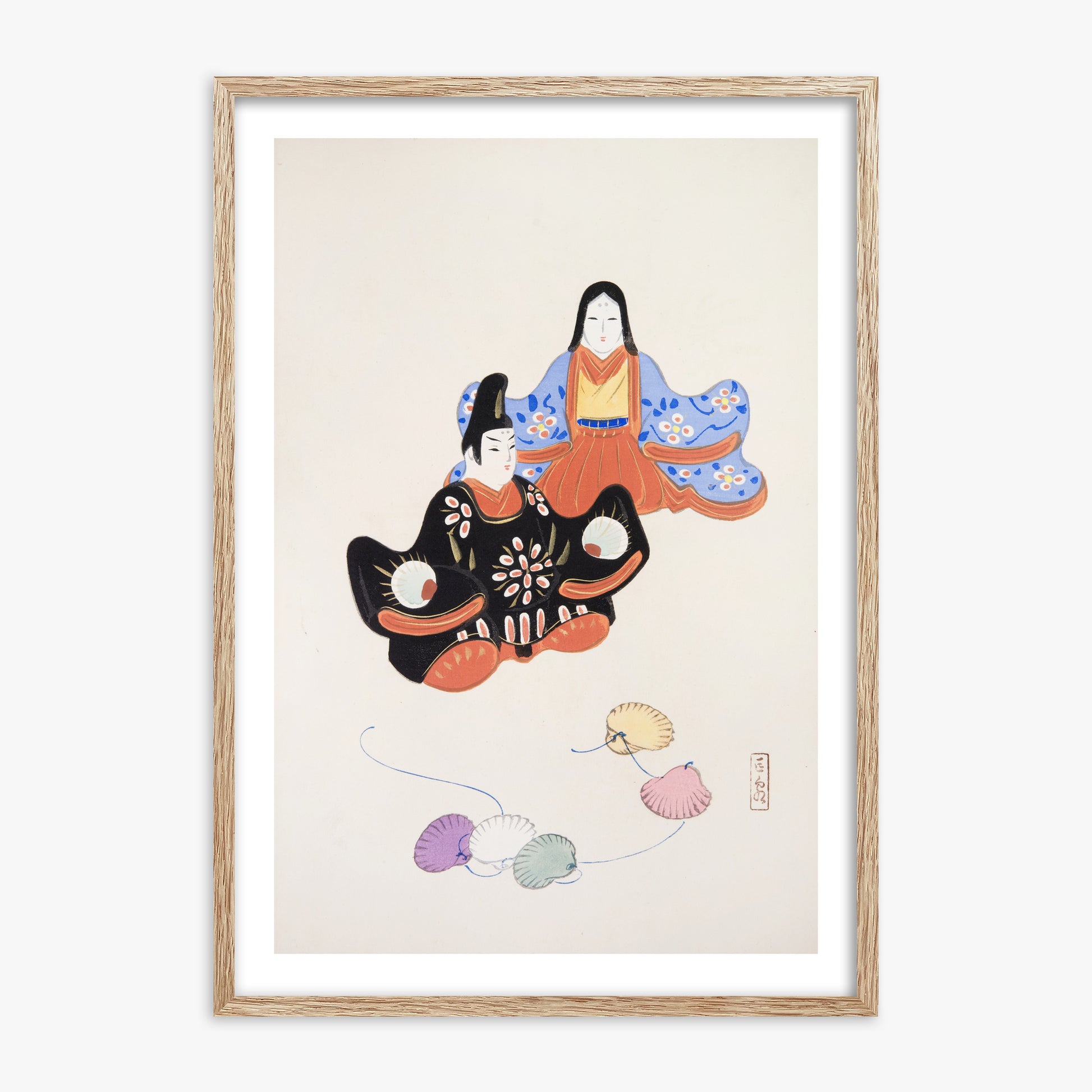 Kawasaki Kyosen: Kyosen’s Collected Illustrations of Japanese Toys Nr. 5 ("Serene Harmony Oriental Art"), 70x100cm Framed Art Reproduction With Raw Oak Frame