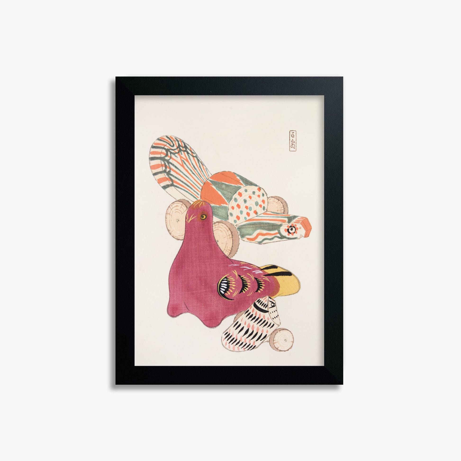 Kawasaki Kyosen: Kyosen’s Collected Illustrations of Japanese Toys Nr. 6 ("Patchwork Bird"), 21x30cm Framed Art Reproduction With Black Frame