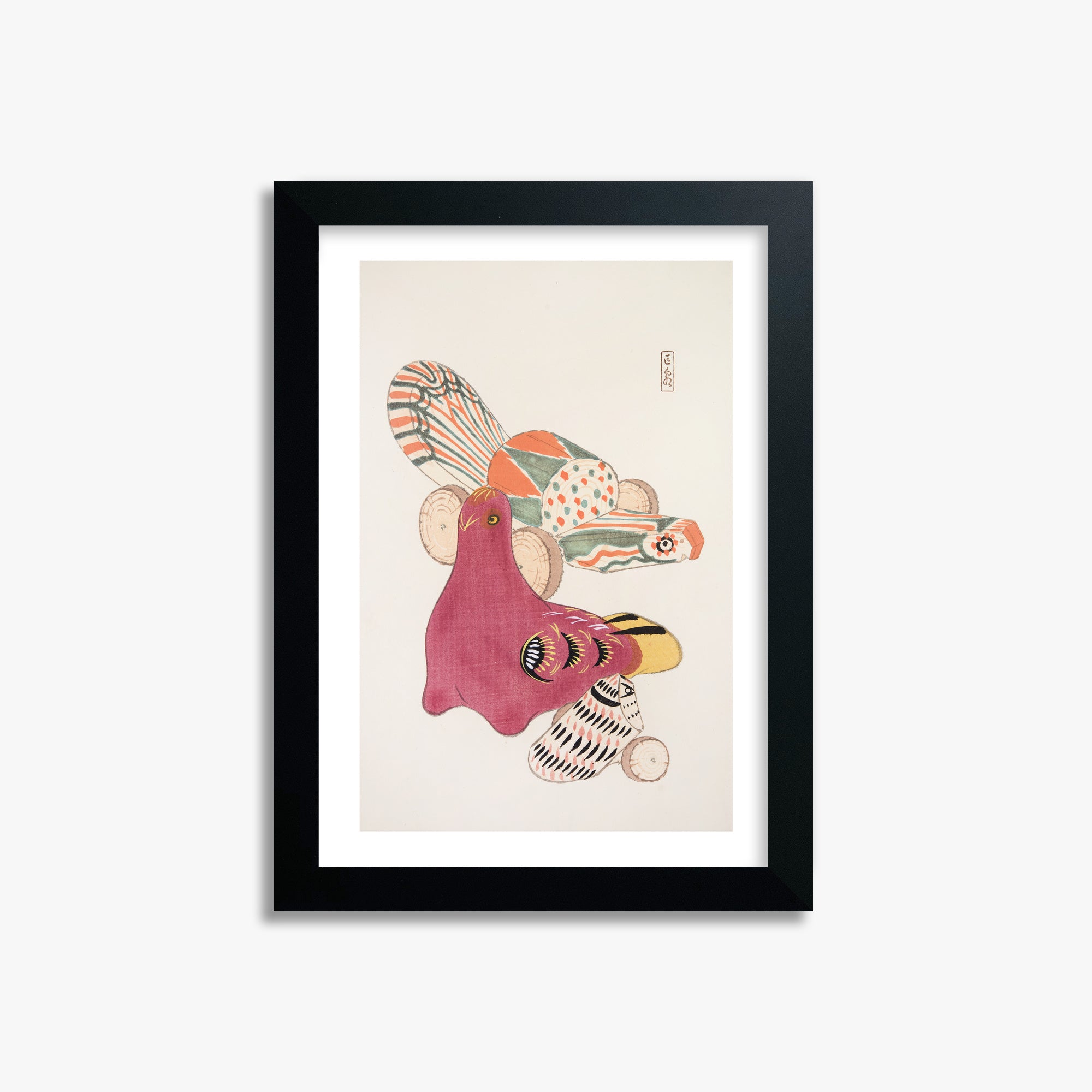 Kawasaki Kyosen: Kyosen’s Collected Illustrations of Japanese Toys Nr. 6 ("Patchwork Bird"), 21x30cm Framed Art Reproduction With Black Frame