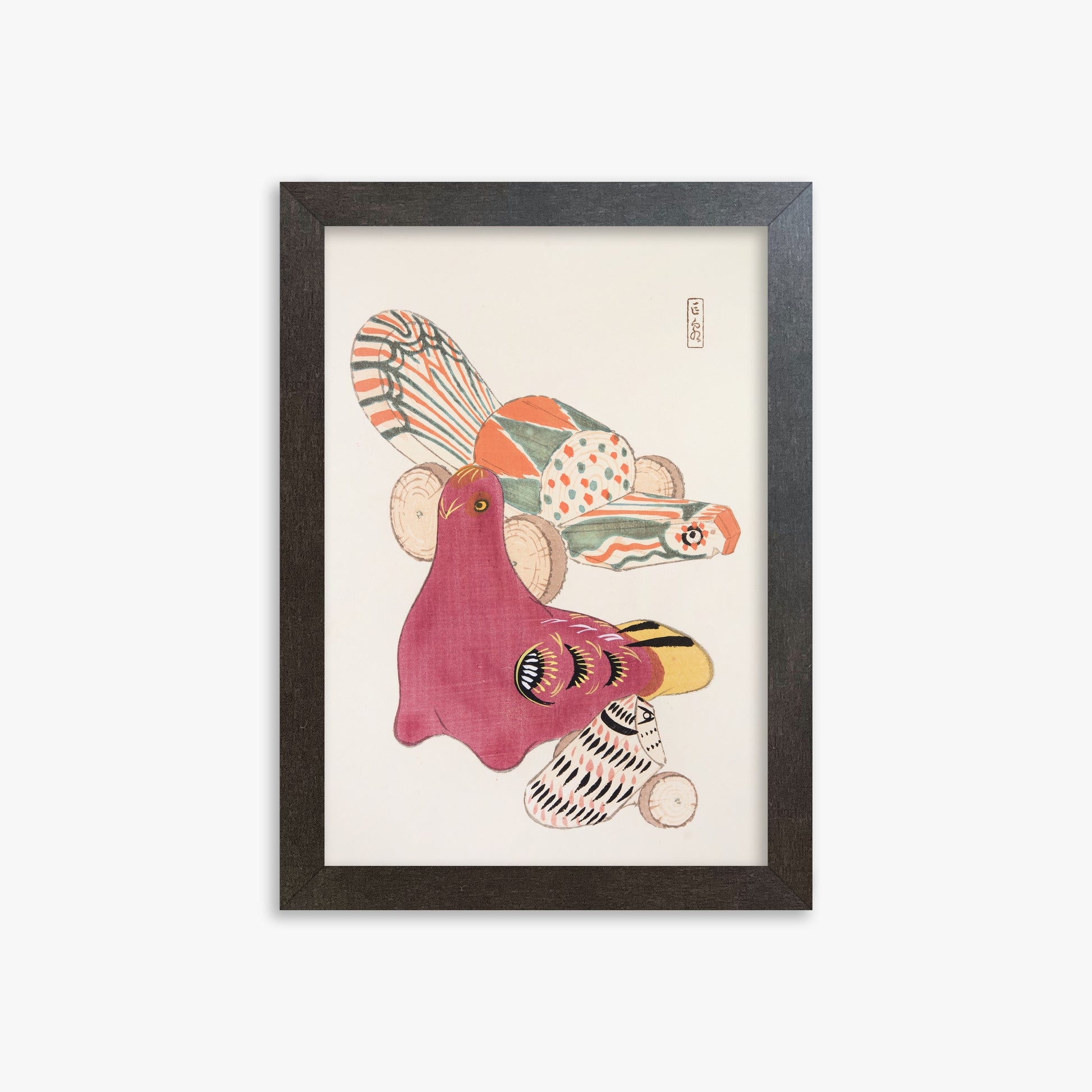 Kawasaki Kyosen: Kyosen’s Collected Illustrations of Japanese Toys Nr. 6 ("Patchwork Bird"), 21x30cm Framed Art Reproduction With Espresso Frame