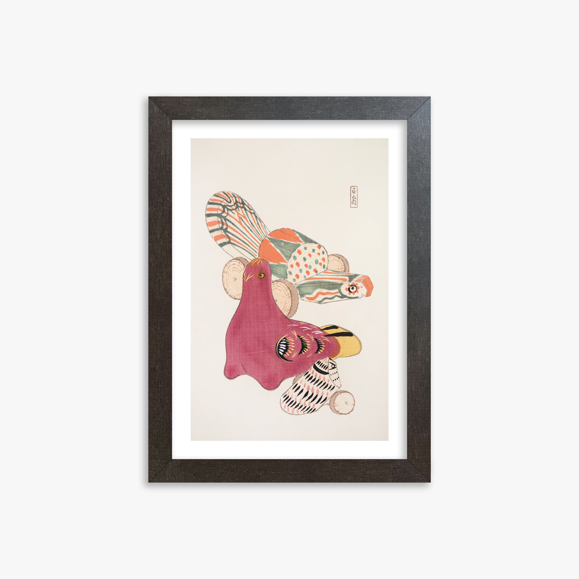 Kawasaki Kyosen: Kyosen’s Collected Illustrations of Japanese Toys Nr. 6 ("Patchwork Bird"), 21x30cm Framed Art Reproduction With Espresso Frame