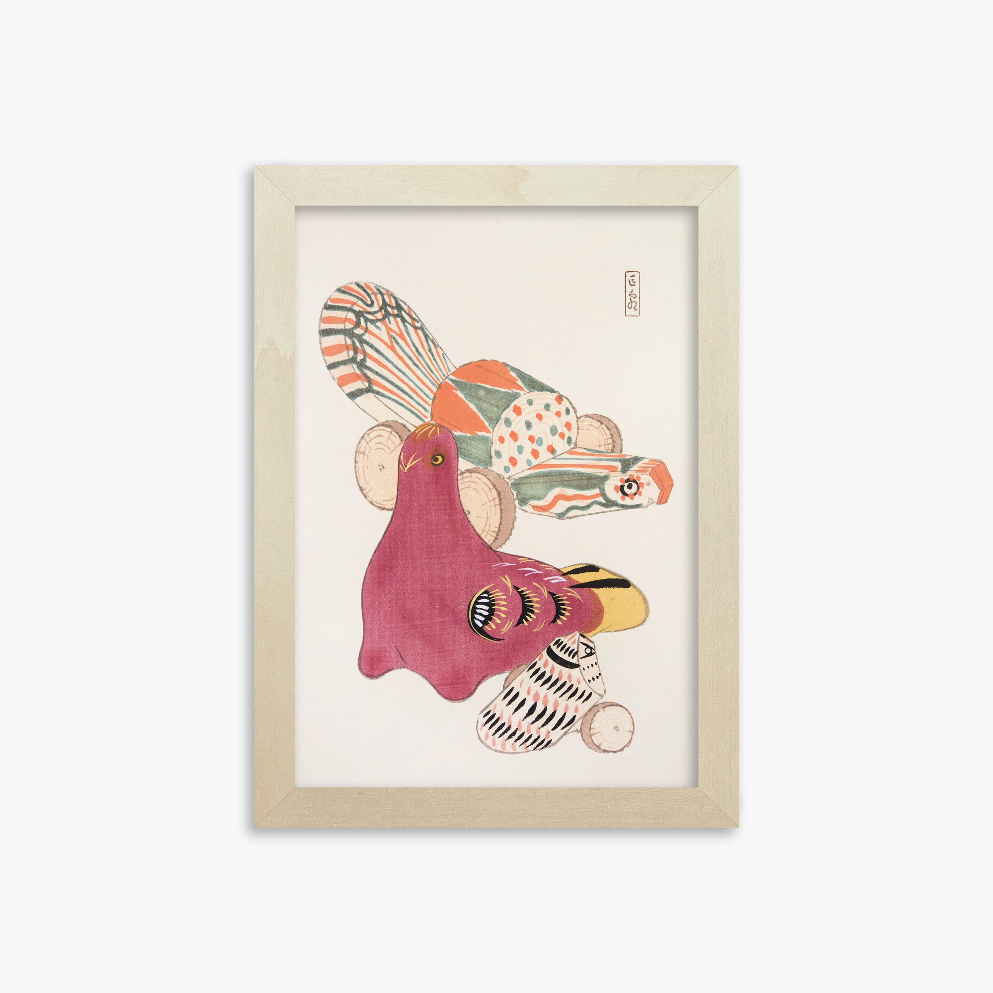 Kawasaki Kyosen: Kyosen’s Collected Illustrations of Japanese Toys Nr. 6 ("Patchwork Bird"), 21x30cm Framed Art Reproduction With Lime Wood Frame