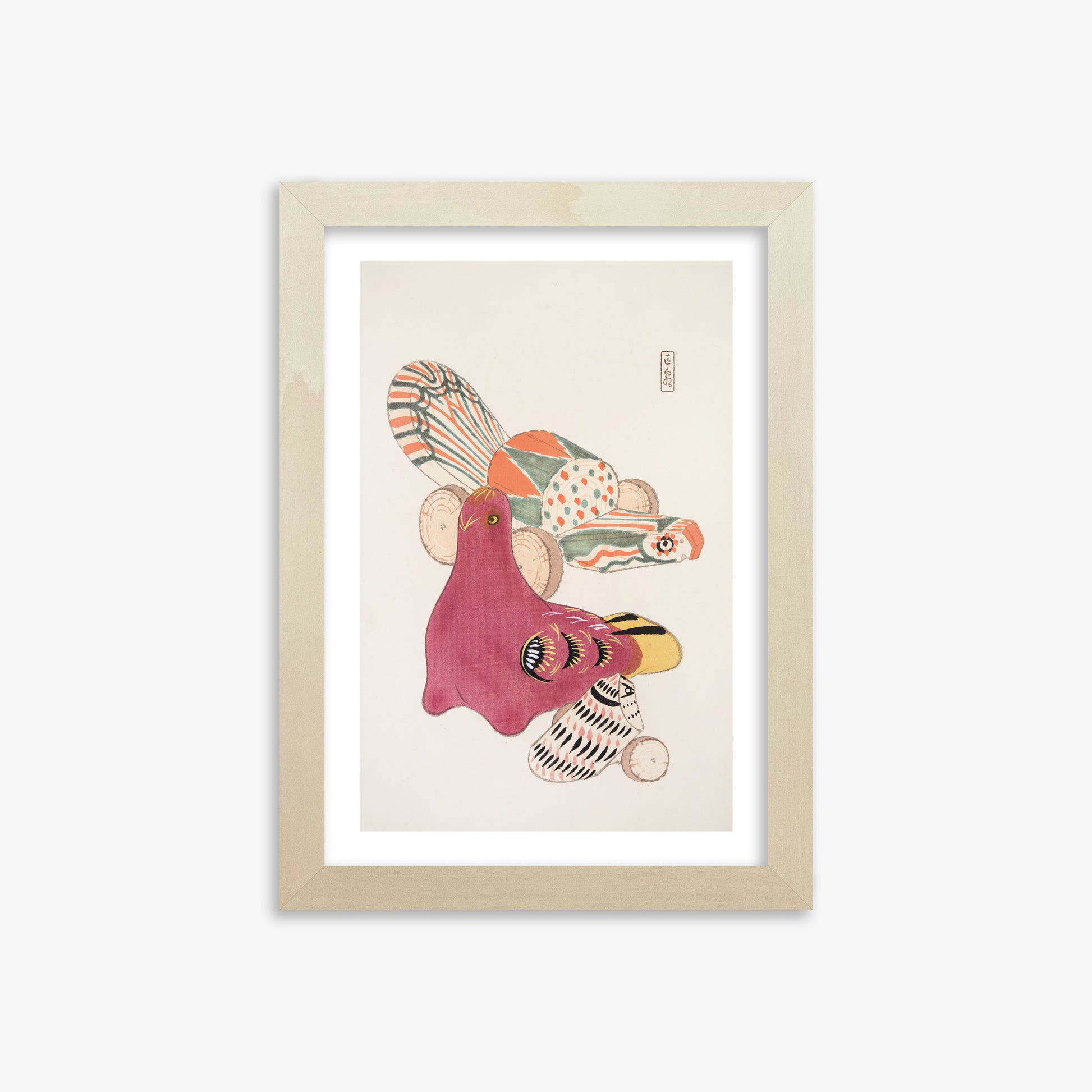 Kawasaki Kyosen: Kyosen’s Collected Illustrations of Japanese Toys Nr. 6 ("Patchwork Bird"), 21x30cm Framed Art Reproduction With Lime Wood Frame