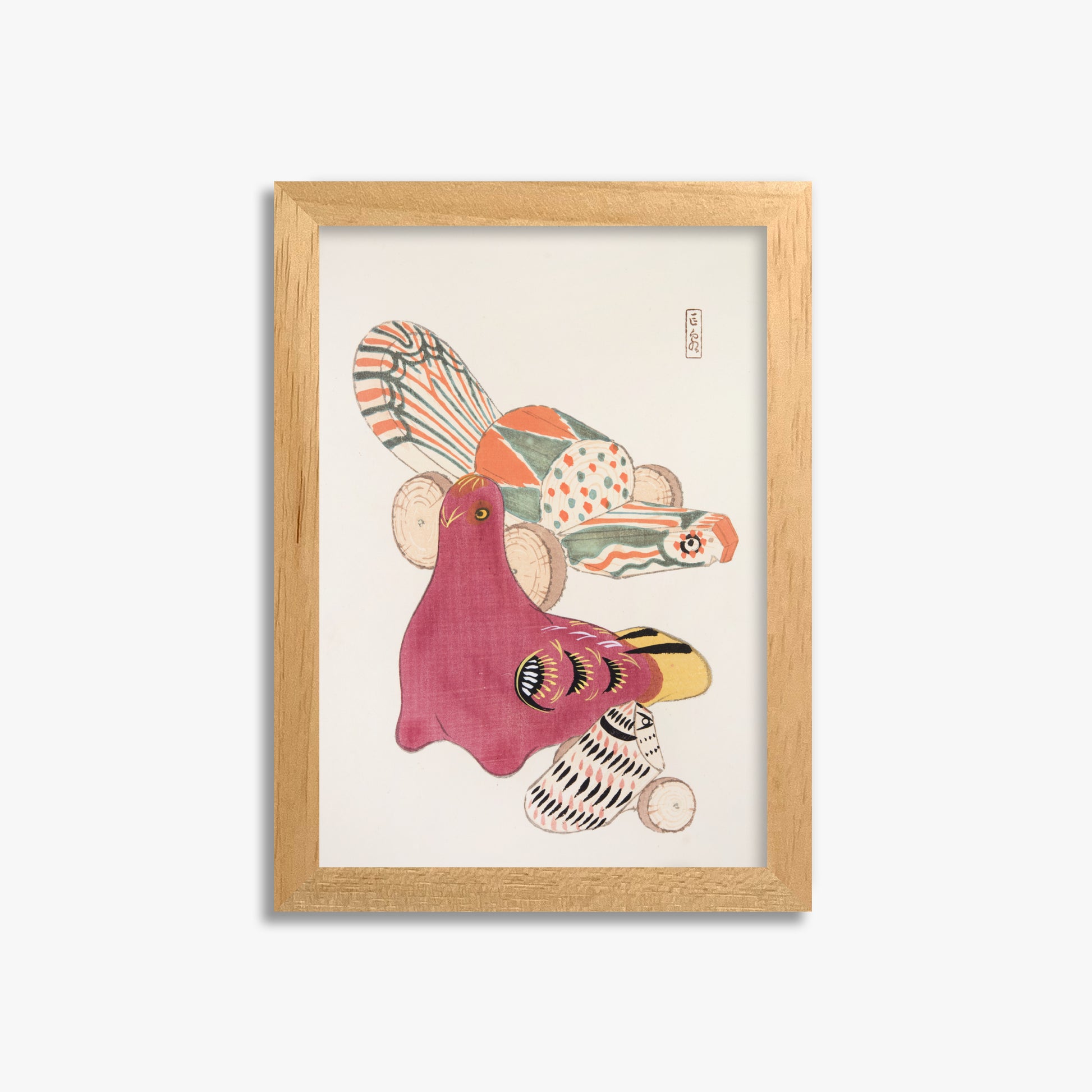 Kawasaki Kyosen: Kyosen’s Collected Illustrations of Japanese Toys Nr. 6 ("Patchwork Bird"), 21x30cm Framed Art Reproduction With Oak Frame