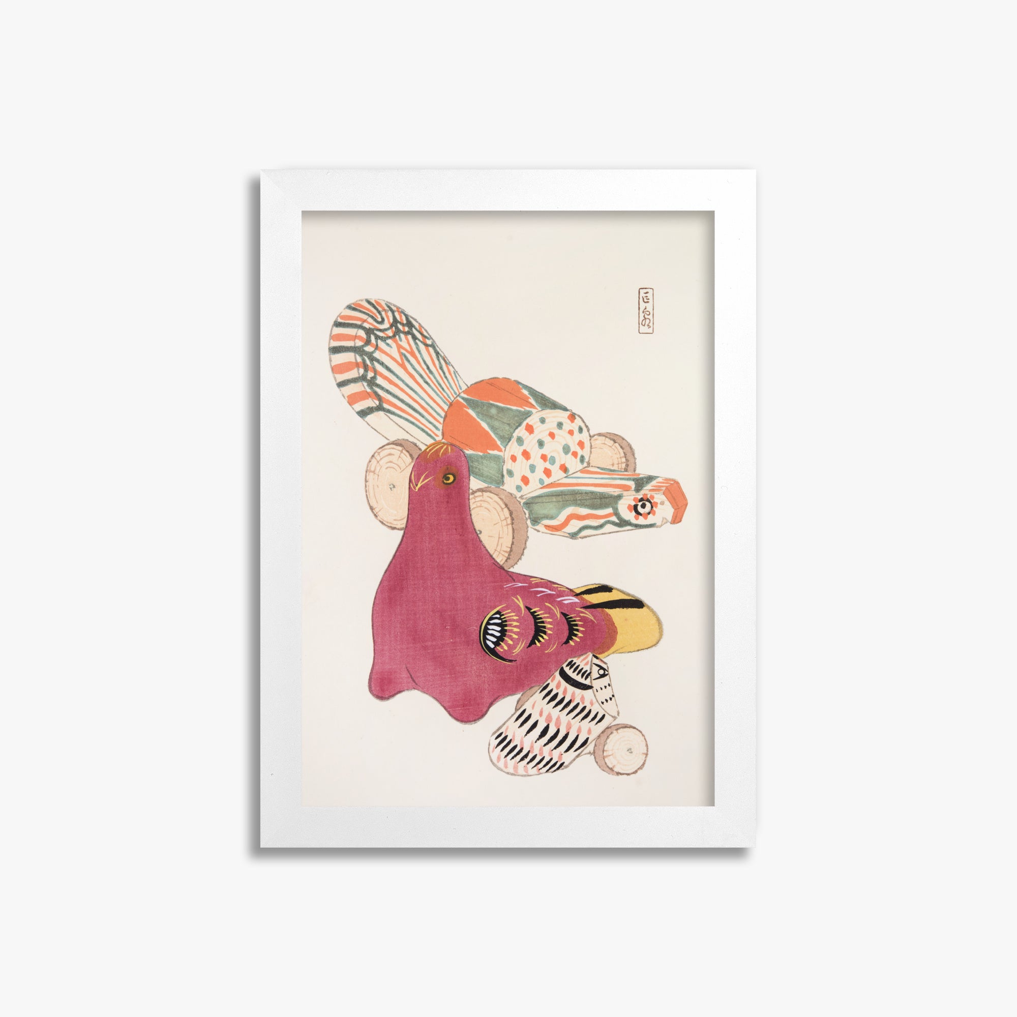 Kawasaki Kyosen: Kyosen’s Collected Illustrations of Japanese Toys Nr. 6 ("Patchwork Bird"), 21x30cm Framed Art Reproduction With White Frame