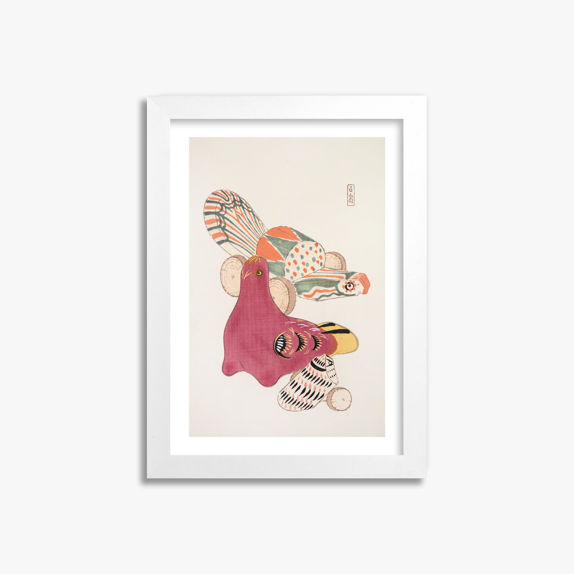 Kawasaki Kyosen: Kyosen’s Collected Illustrations of Japanese Toys Nr. 6 ("Patchwork Bird"), 21x30cm Framed Art Reproduction With White Frame