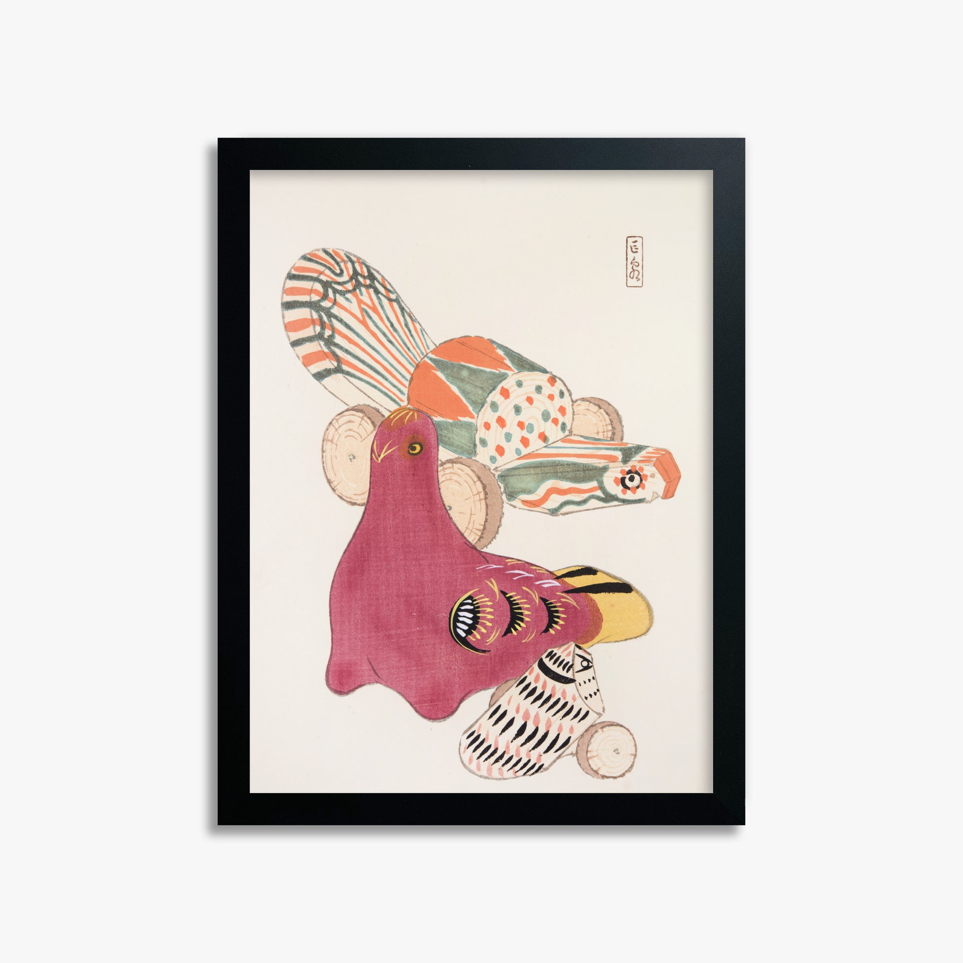 Kawasaki Kyosen: Kyosen’s Collected Illustrations of Japanese Toys Nr. 6 ("Patchwork Bird"), 30x40cm Framed Art Reproduction With Black Frame
