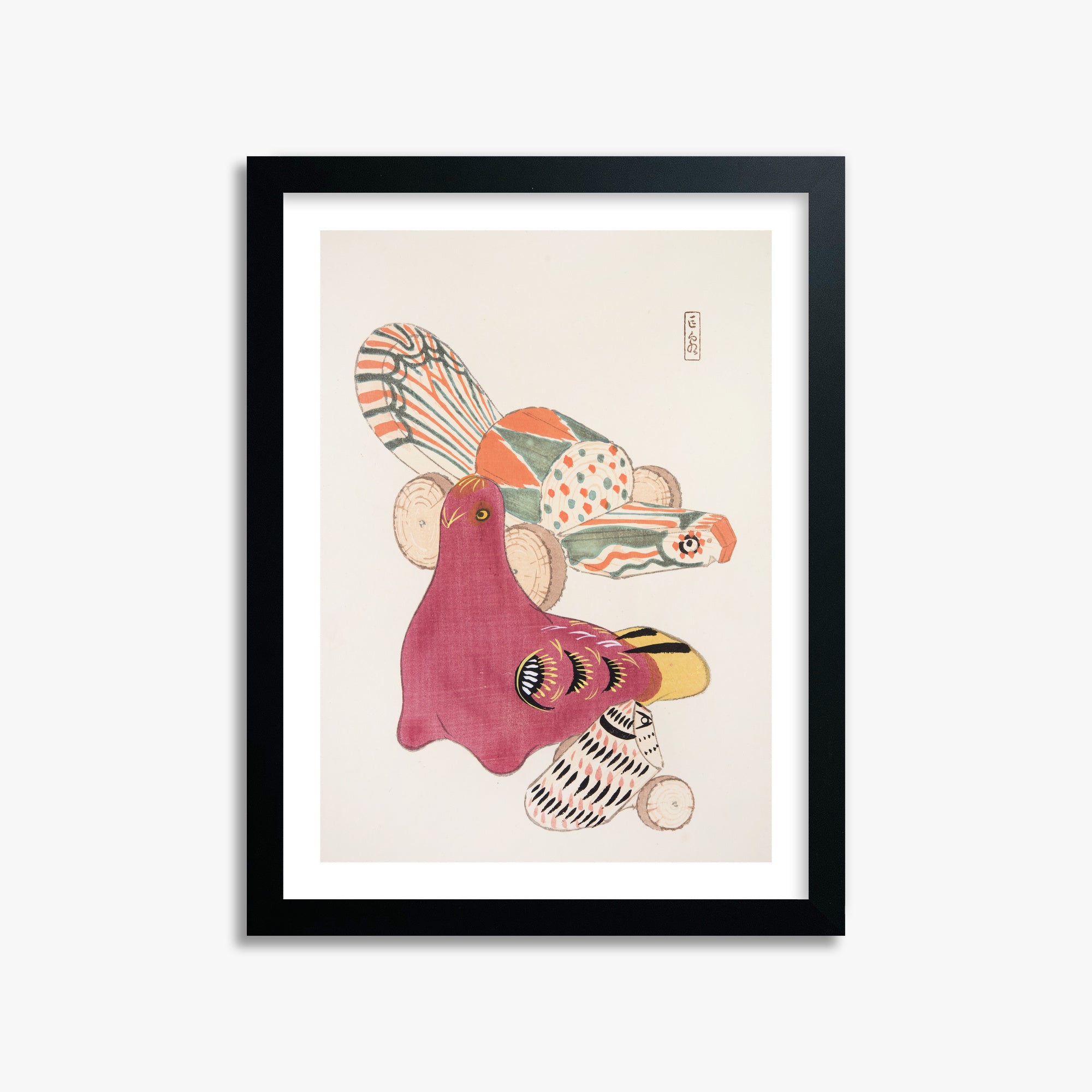 Kawasaki Kyosen: Kyosen’s Collected Illustrations of Japanese Toys Nr. 6 ("Patchwork Bird"), 30x40cm Framed Art Reproduction With Black Frame