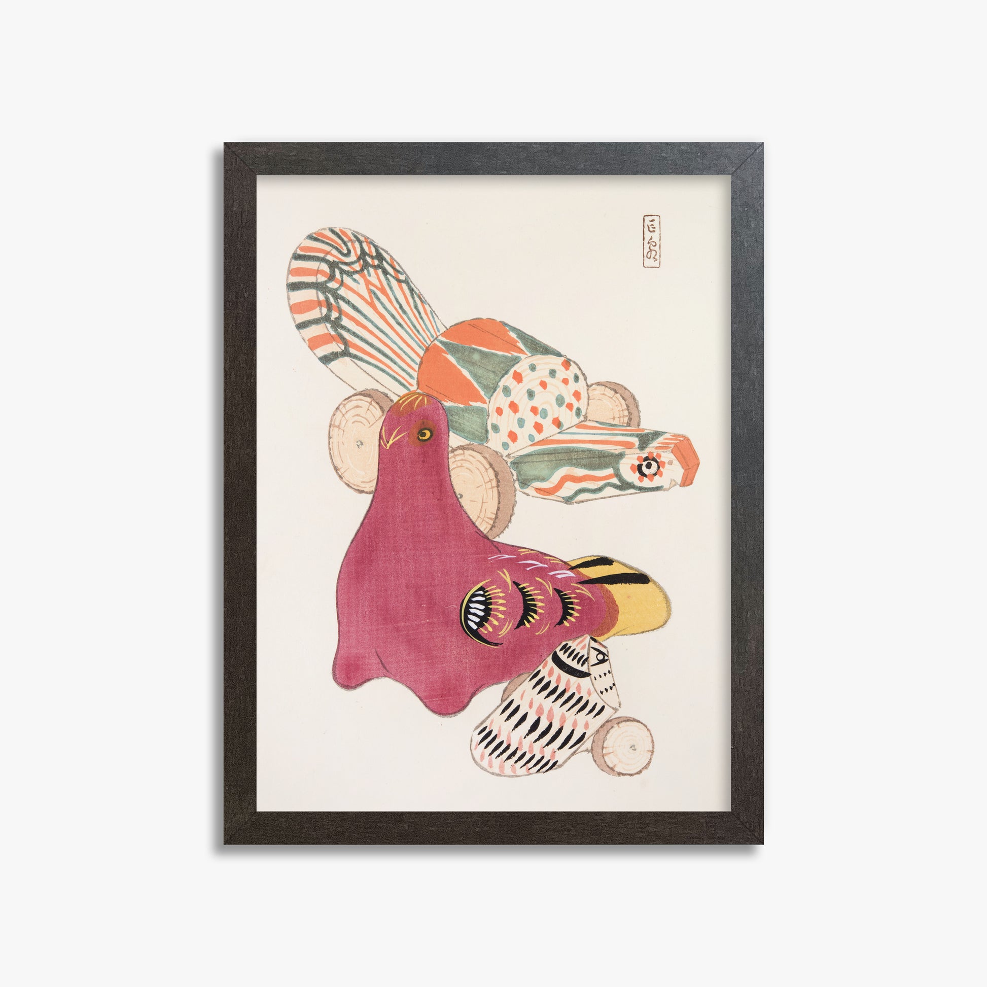 Kawasaki Kyosen: Kyosen’s Collected Illustrations of Japanese Toys Nr. 6 ("Patchwork Bird"), 30x40cm Framed Art Reproduction With Espresso Frame