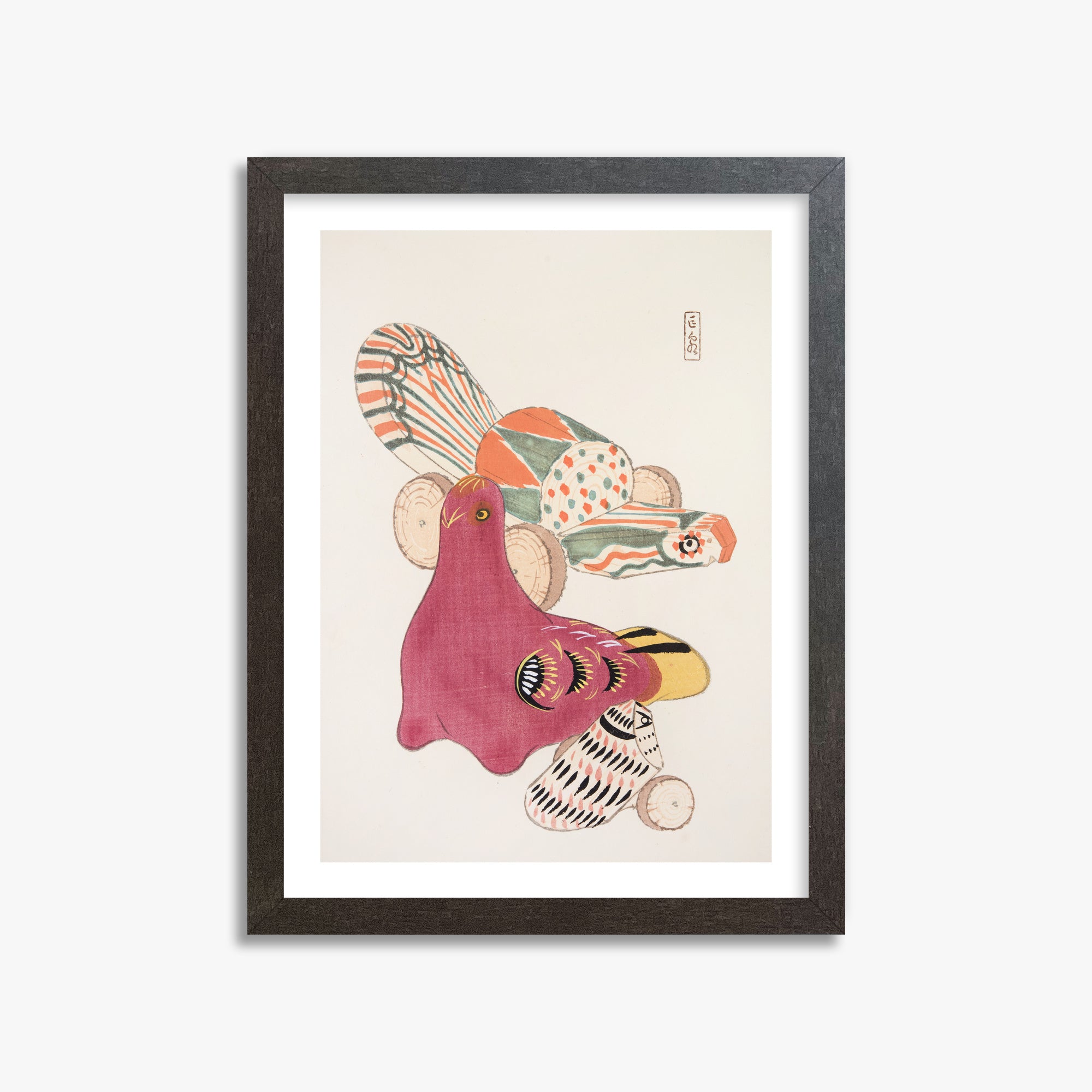 Kawasaki Kyosen: Kyosen’s Collected Illustrations of Japanese Toys Nr. 6 ("Patchwork Bird"), 30x40cm Framed Art Reproduction With Espresso Frame